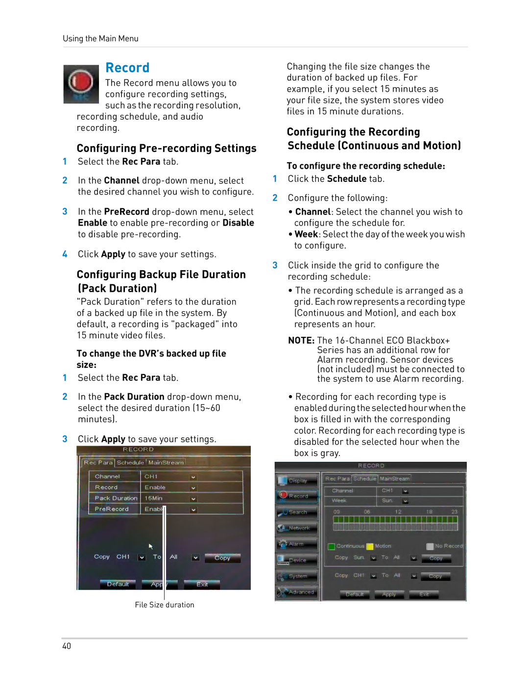 LOREX Technology LH0181011C8F Record, Configuring Pre-recording Settings, Configuring Backup File Duration Pack Duration 