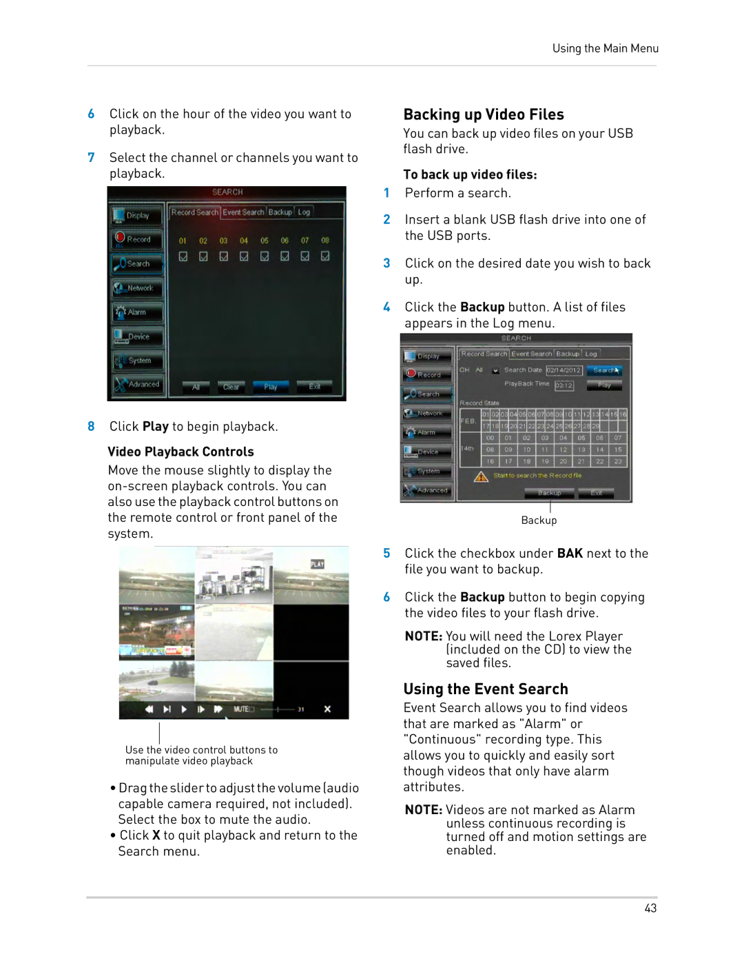 LOREX Technology LH0181011C8F instruction manual Backing up Video Files, Using the Event Search, Video Playback Controls 