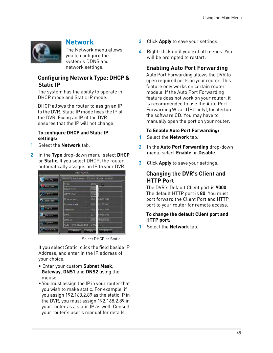 LOREX Technology LH0181011C8F Configuring Network Type Dhcp & Static IP, Enabling Auto Port Forwarding 