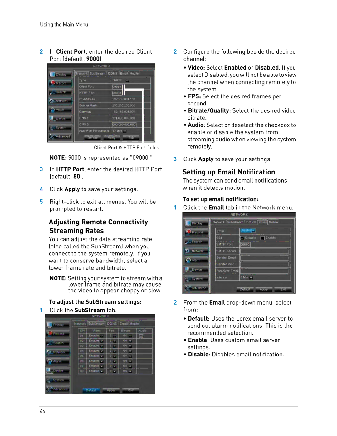 LOREX Technology LH0181011C8F Setting up Email Notification, Adjusting Remote Connectivity Streaming Rates 