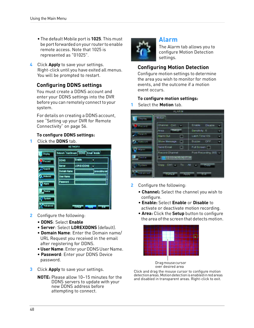 LOREX Technology LH0181011C8F instruction manual Alarm, Configuring Ddns settings, Configuring Motion Detection 