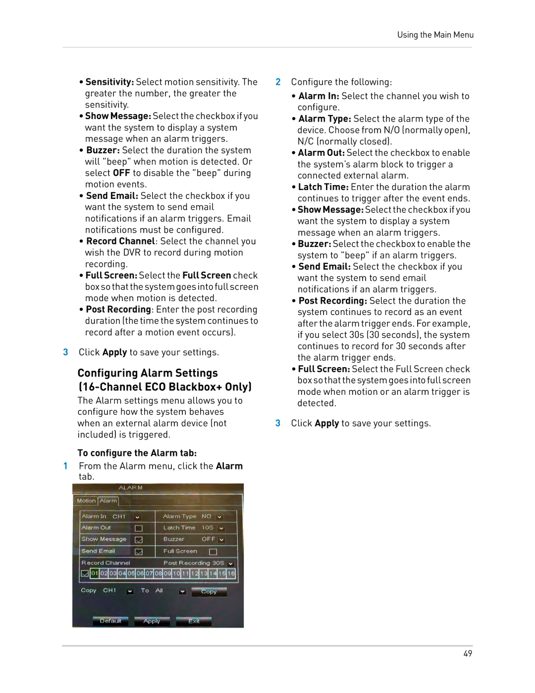 LOREX Technology LH0181011C8F Configuring Alarm Settings Channel ECO Blackbox+ Only, To configure the Alarm tab 