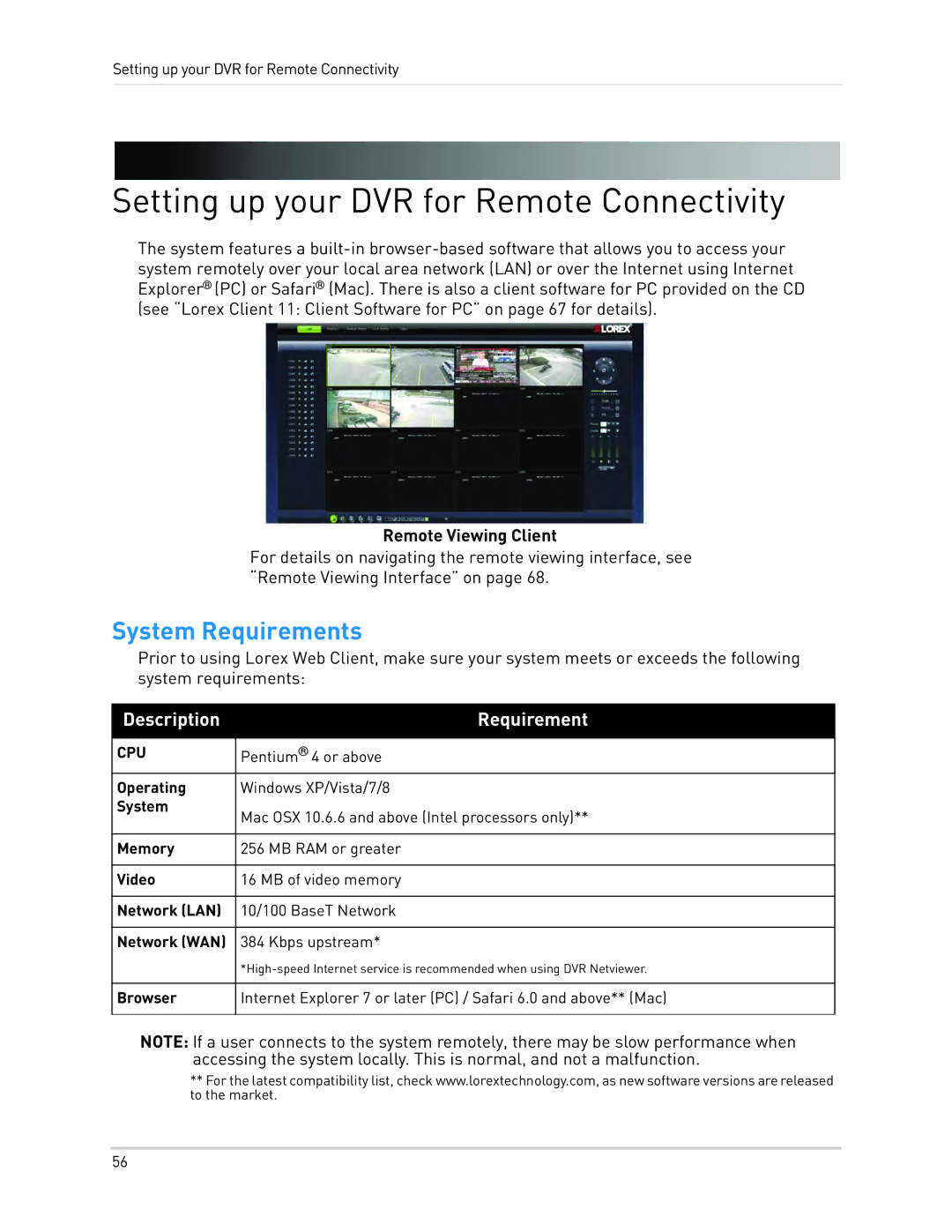 LOREX Technology LH0181011C8F Setting up your DVR for Remote Connectivity, System Requirements, Remote Viewing Client 