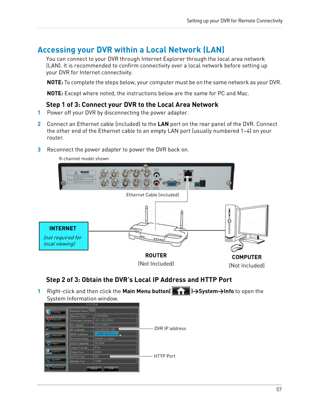 LOREX Technology LH0181011C8F Accessing your DVR within a Local Network LAN, Connect your DVR to the Local Area Network 