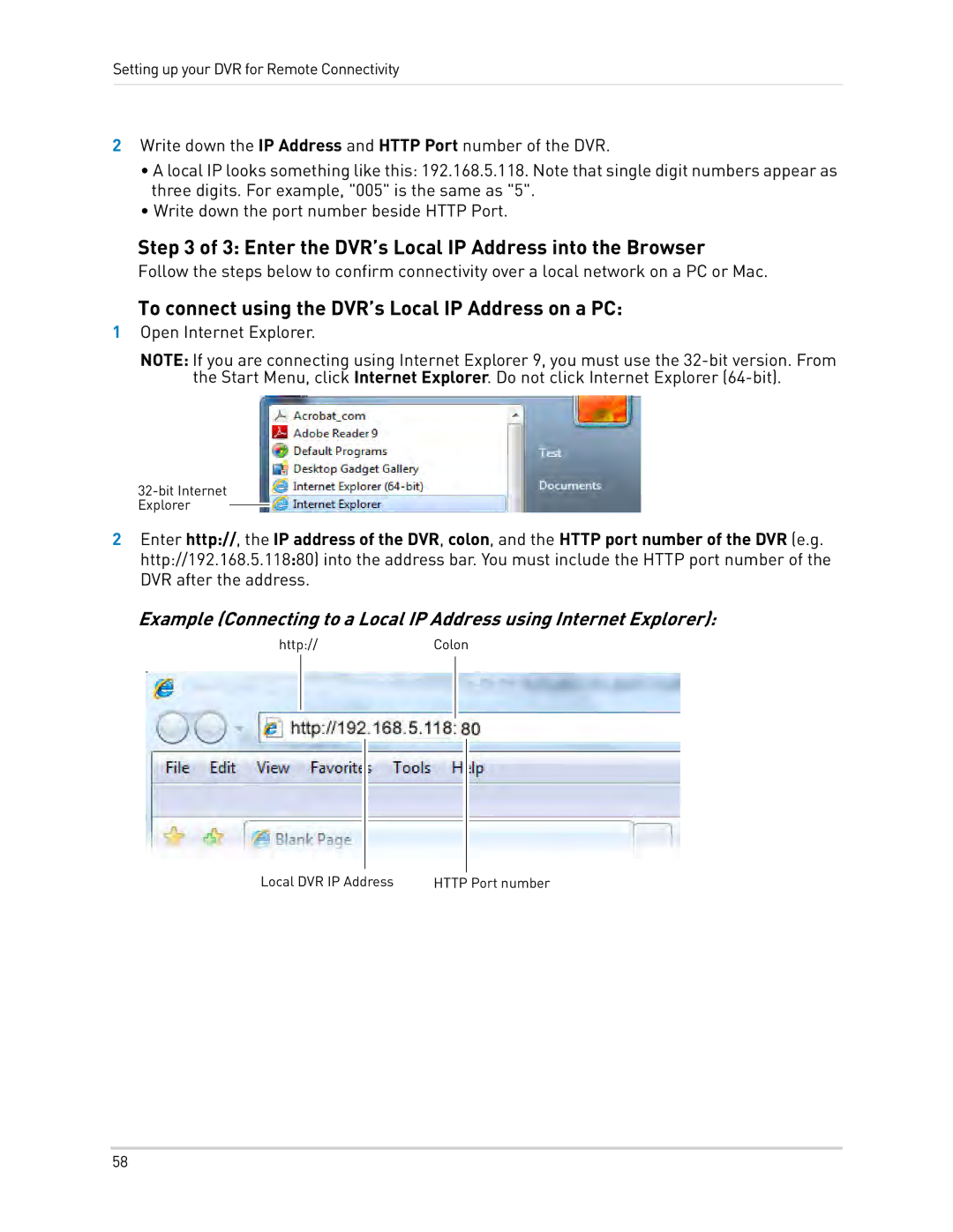 LOREX Technology LH0181011C8F instruction manual Enter the DVR’s Local IP Address into the Browser 