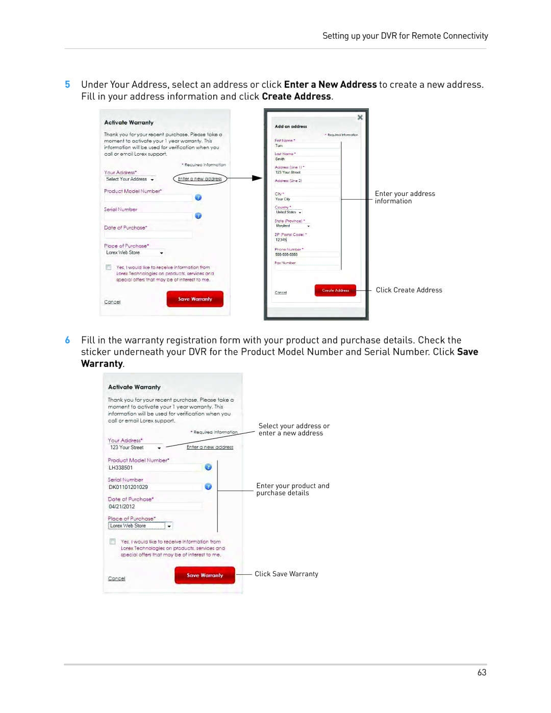 LOREX Technology LH0181011C8F instruction manual Enter your address information Click Create Address 