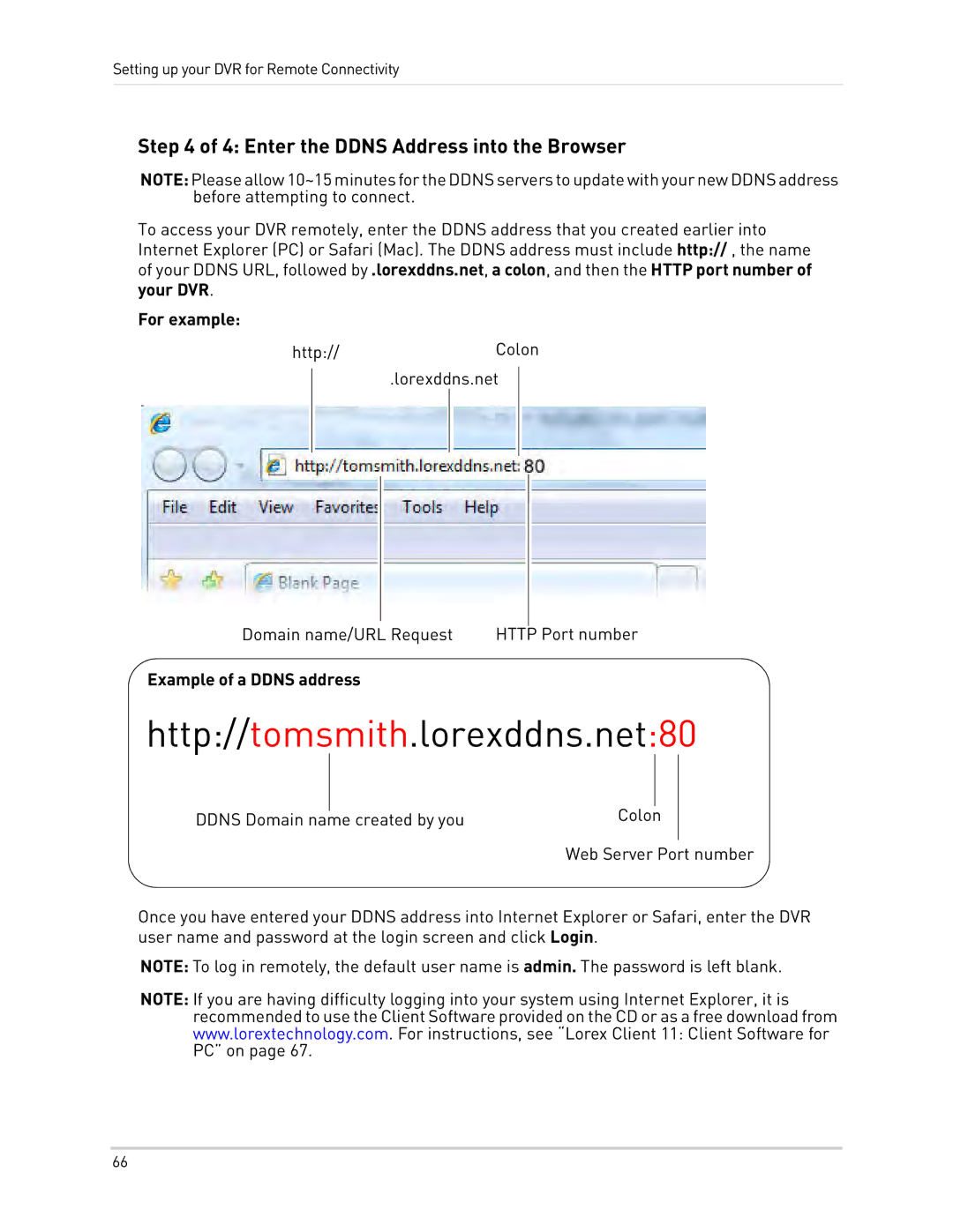 LOREX Technology LH0181011C8F Enter the Ddns Address into the Browser, For example, Example of a Ddns address 