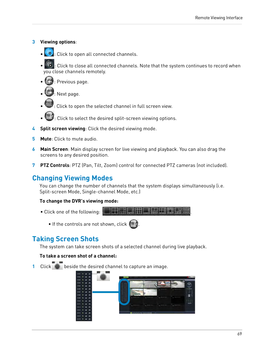 LOREX Technology LH0181011C8F instruction manual Changing Viewing Modes, Taking Screen Shots, Viewing options 