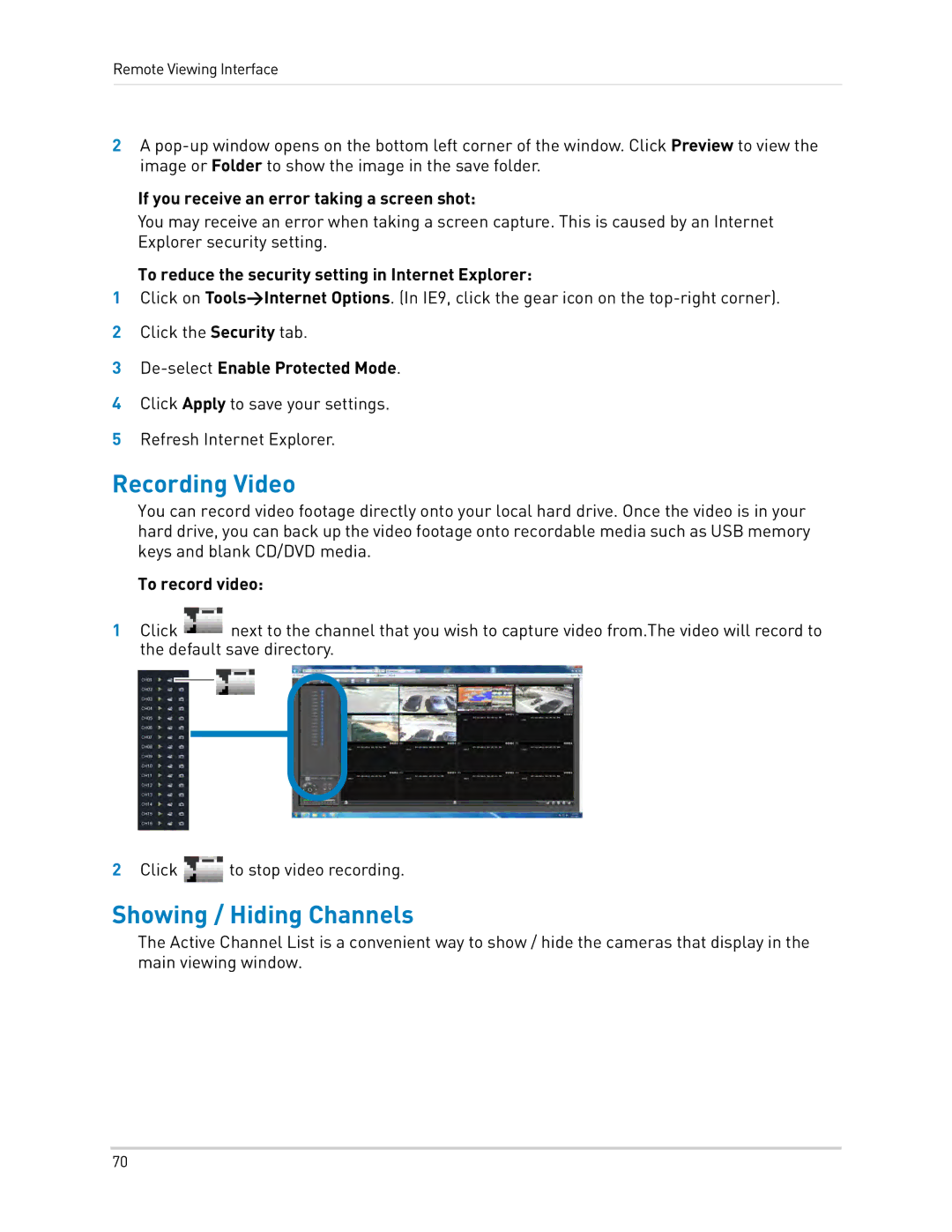 LOREX Technology LH0181011C8F instruction manual Recording Video, Showing / Hiding Channels 