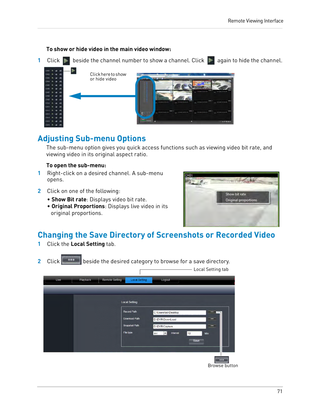 LOREX Technology LH0181011C8F instruction manual Adjusting Sub-menu Options, To show or hide video in the main video window 