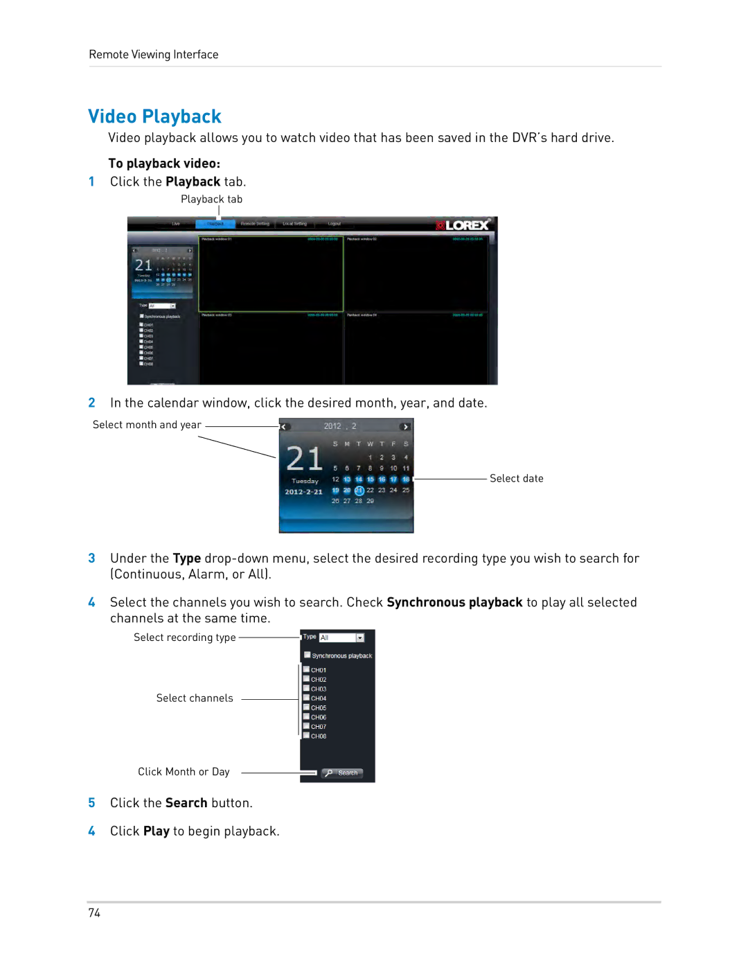 LOREX Technology LH0181011C8F instruction manual Video Playback, To playback video 