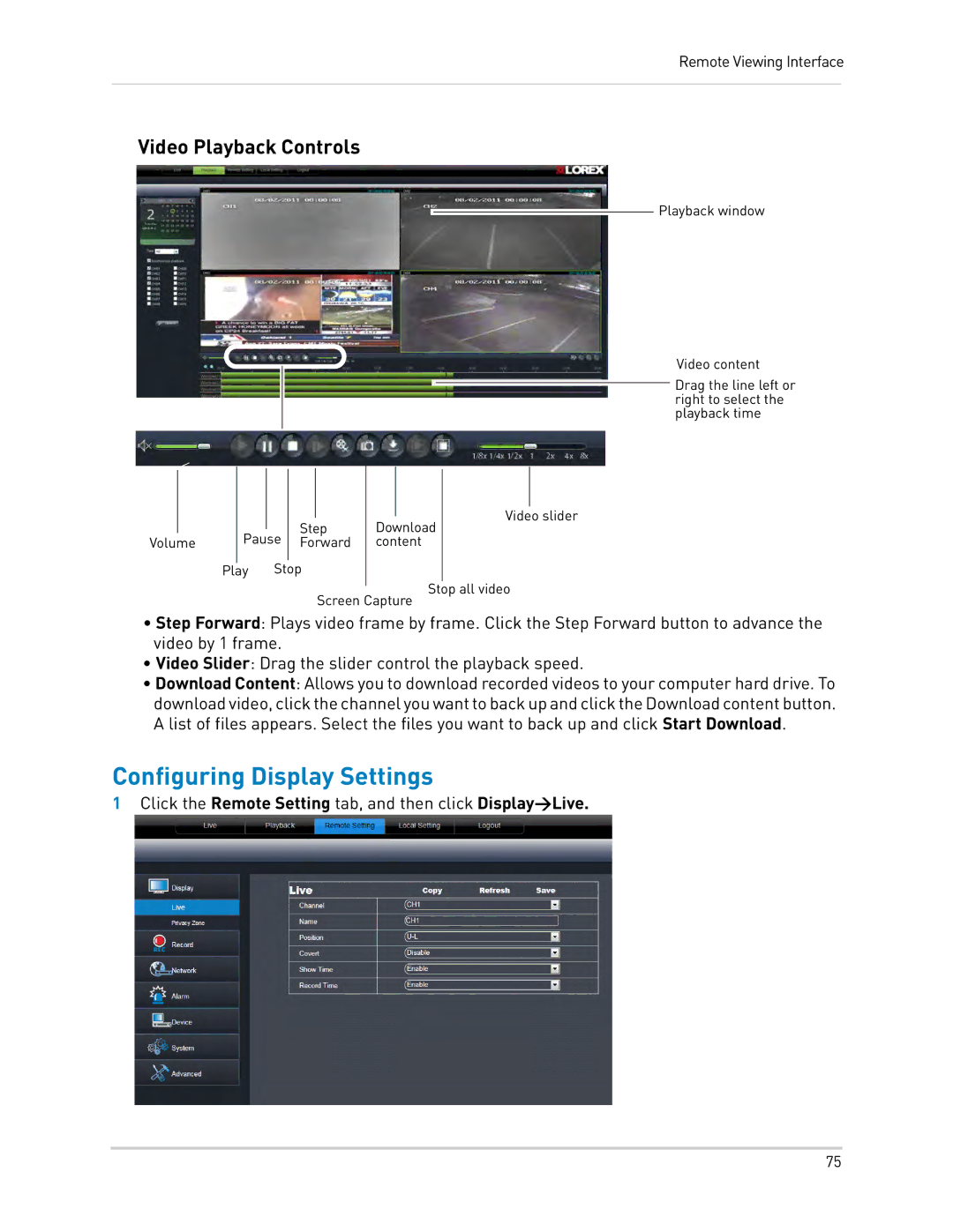 LOREX Technology LH0181011C8F instruction manual Configuring Display Settings, Video Playback Controls 