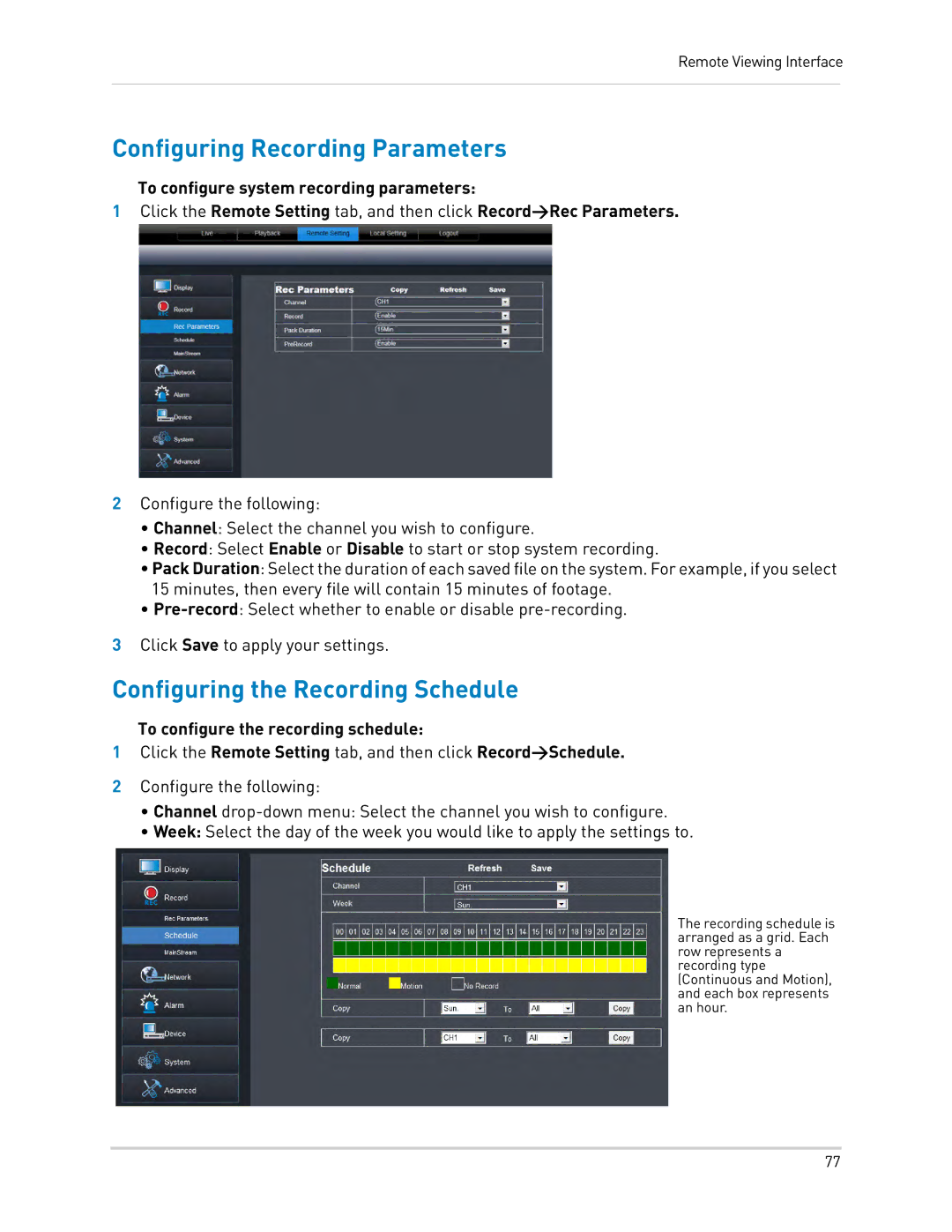 LOREX Technology LH0181011C8F instruction manual Configuring Recording Parameters, Configuring the Recording Schedule 