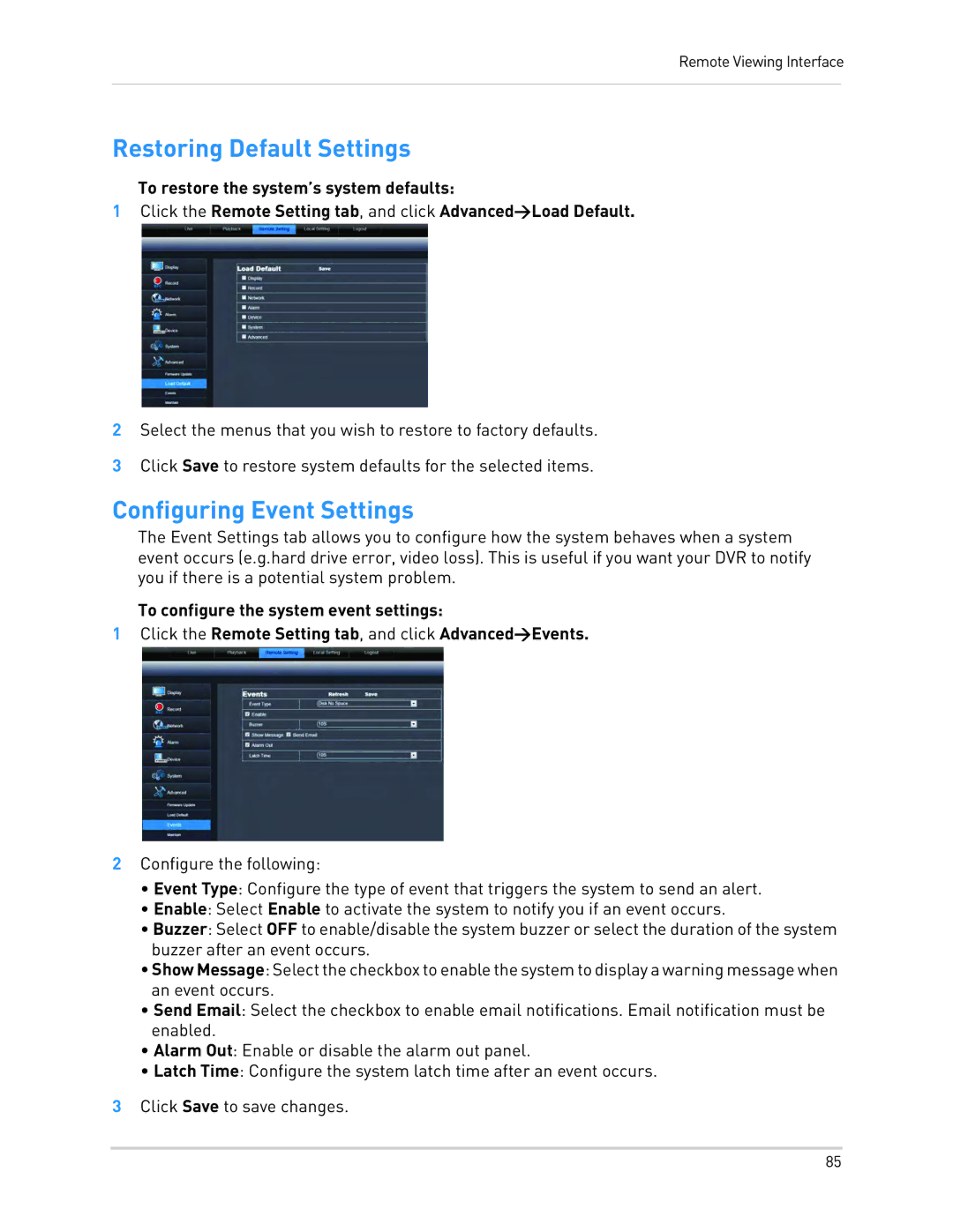 LOREX Technology LH130, LH1361001C8B instruction manual Restoring Default Settings, Configuring Event Settings 