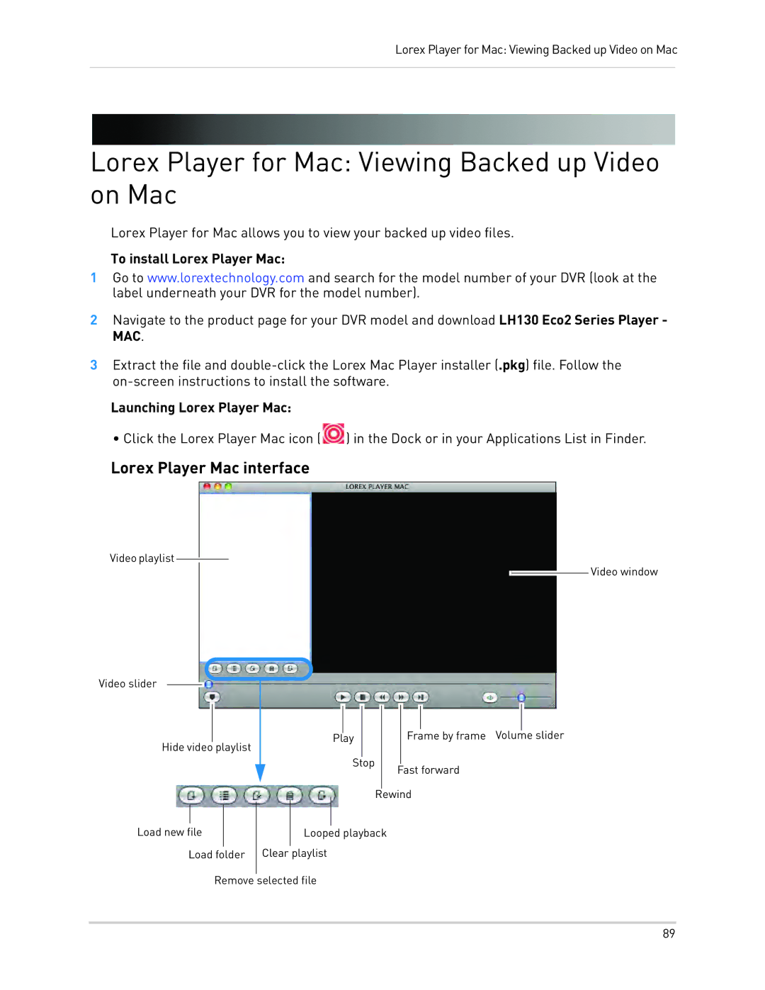 LOREX Technology LH130, LH1361001C8B Lorex Player for Mac Viewing Backed up Video on Mac, Lorex Player Mac interface 