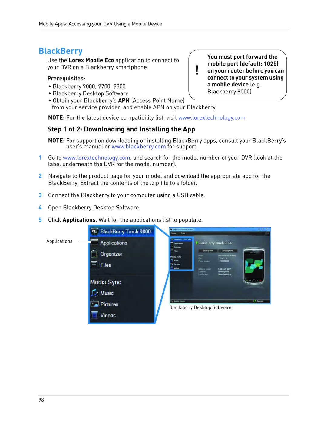 LOREX Technology LH1361001C8B, LH130 instruction manual BlackBerry, Downloading and Installing the App 