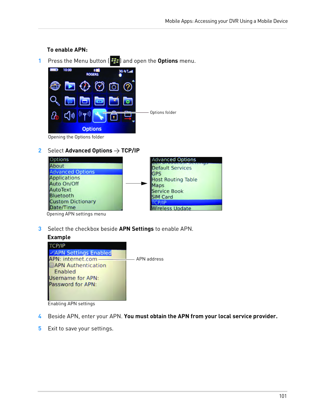 LOREX Technology LH130, LH1361001C8B instruction manual To enable APN, Select Advanced Options TCP/IP, Example 