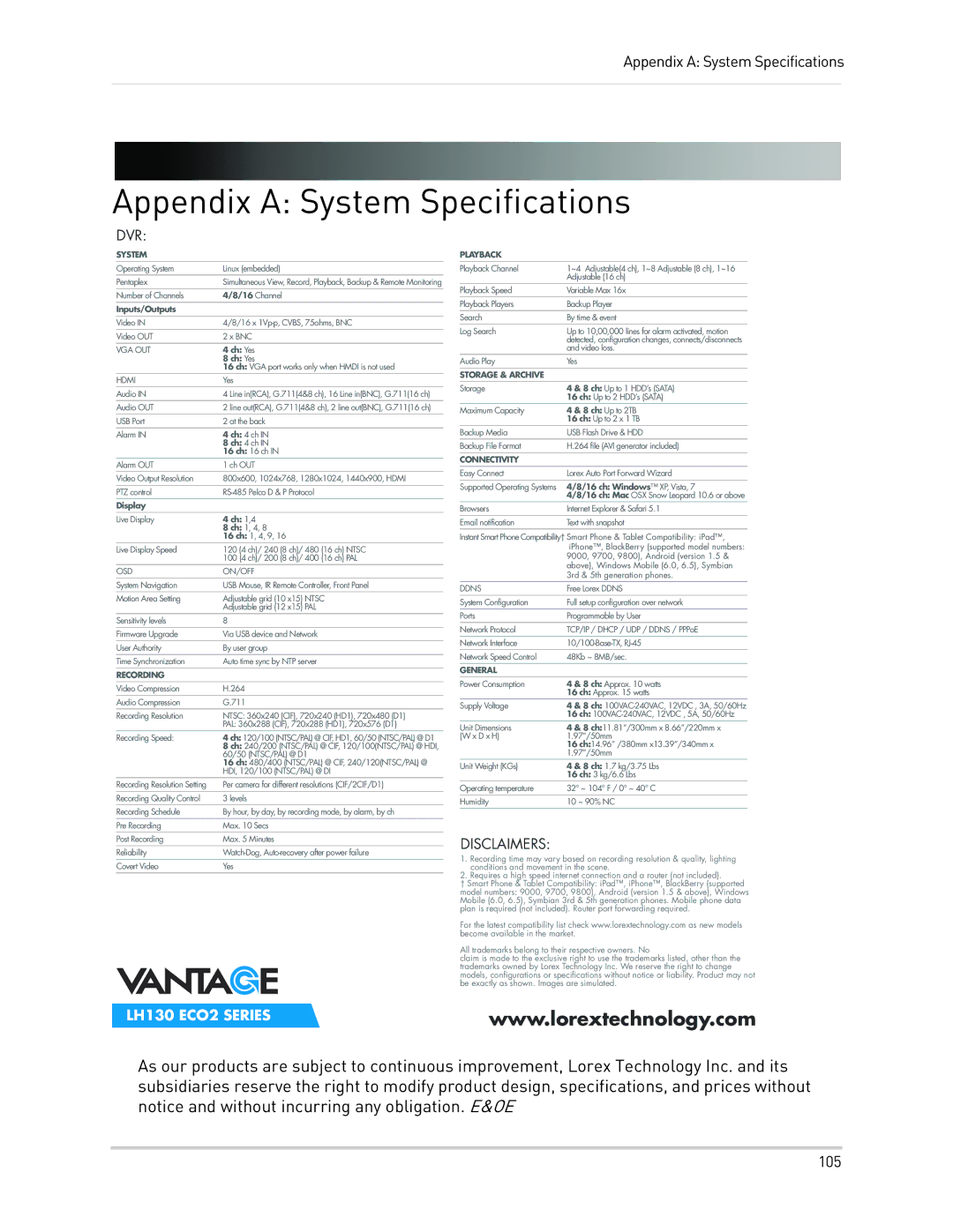 LOREX Technology LH130, LH1361001C8B instruction manual Appendix a System Specifications, Dvr 