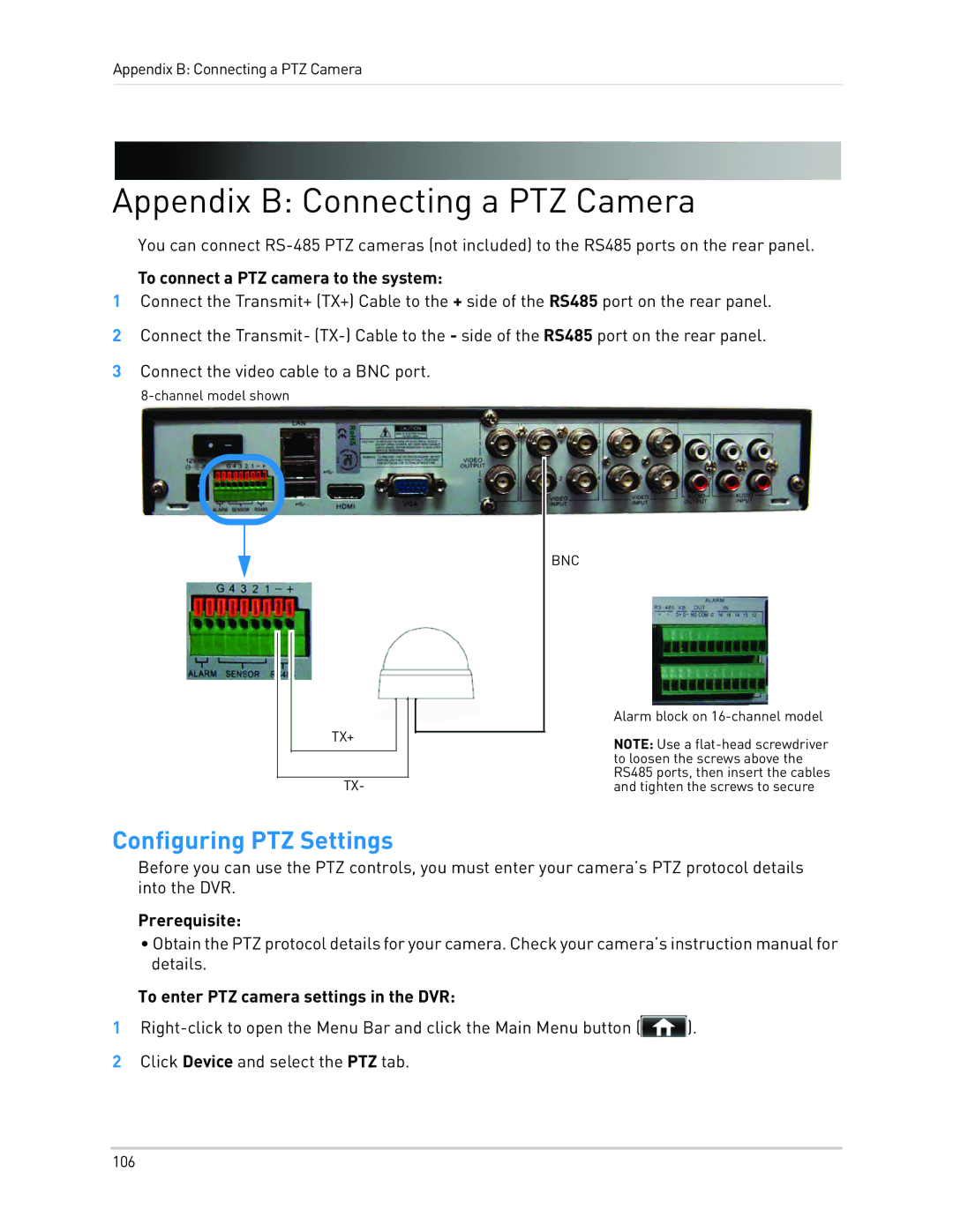 LOREX Technology LH1361001C8B, LH130 Appendix B Connecting a PTZ Camera, To connect a PTZ camera to the system 