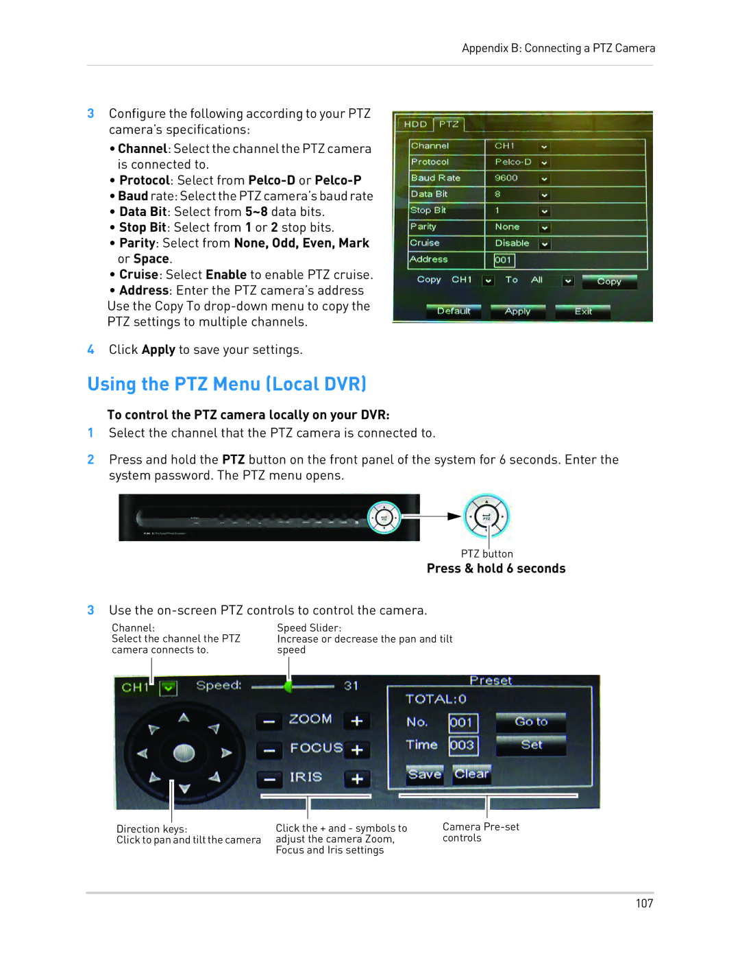 LOREX Technology LH130 Using the PTZ Menu Local DVR, Protocol Select from Pelco-D or Pelco-P, Press & hold 6 seconds 