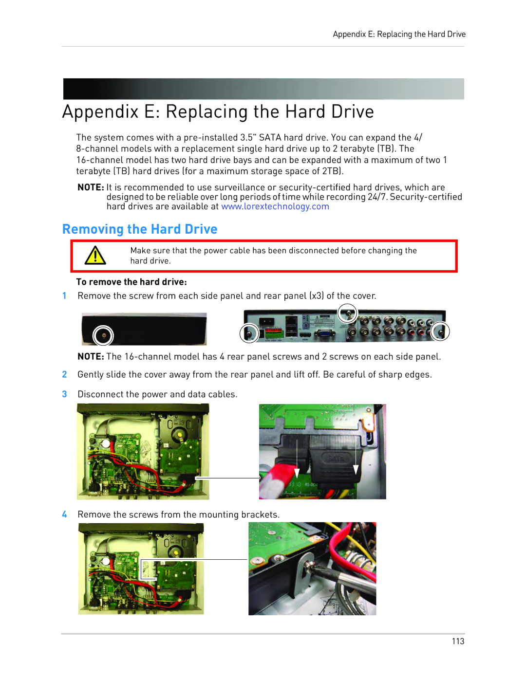 LOREX Technology LH130 Appendix E Replacing the Hard Drive, Removing the Hard Drive, To remove the hard drive 