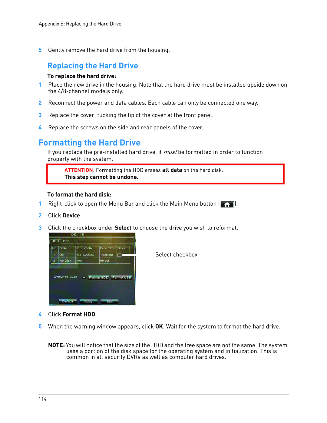 LOREX Technology LH1361001C8B, LH130 instruction manual Formatting the Hard Drive, To replace the hard drive 