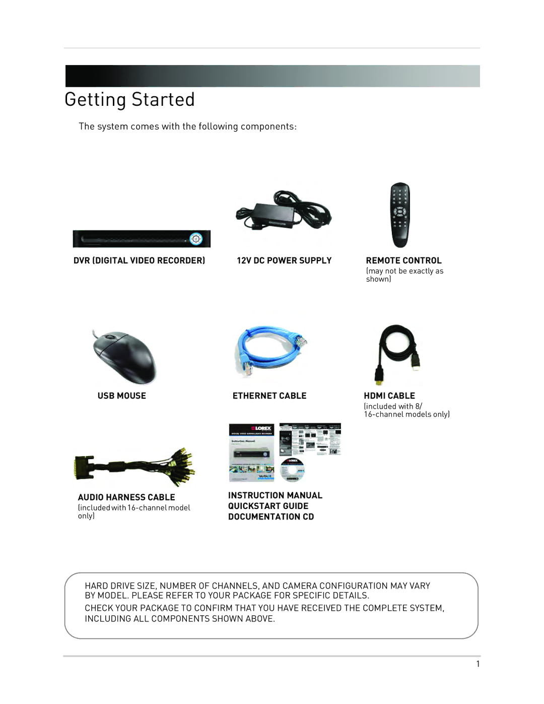 LOREX Technology LH130, LH1361001C8B instruction manual Getting Started, System comes with the following components 