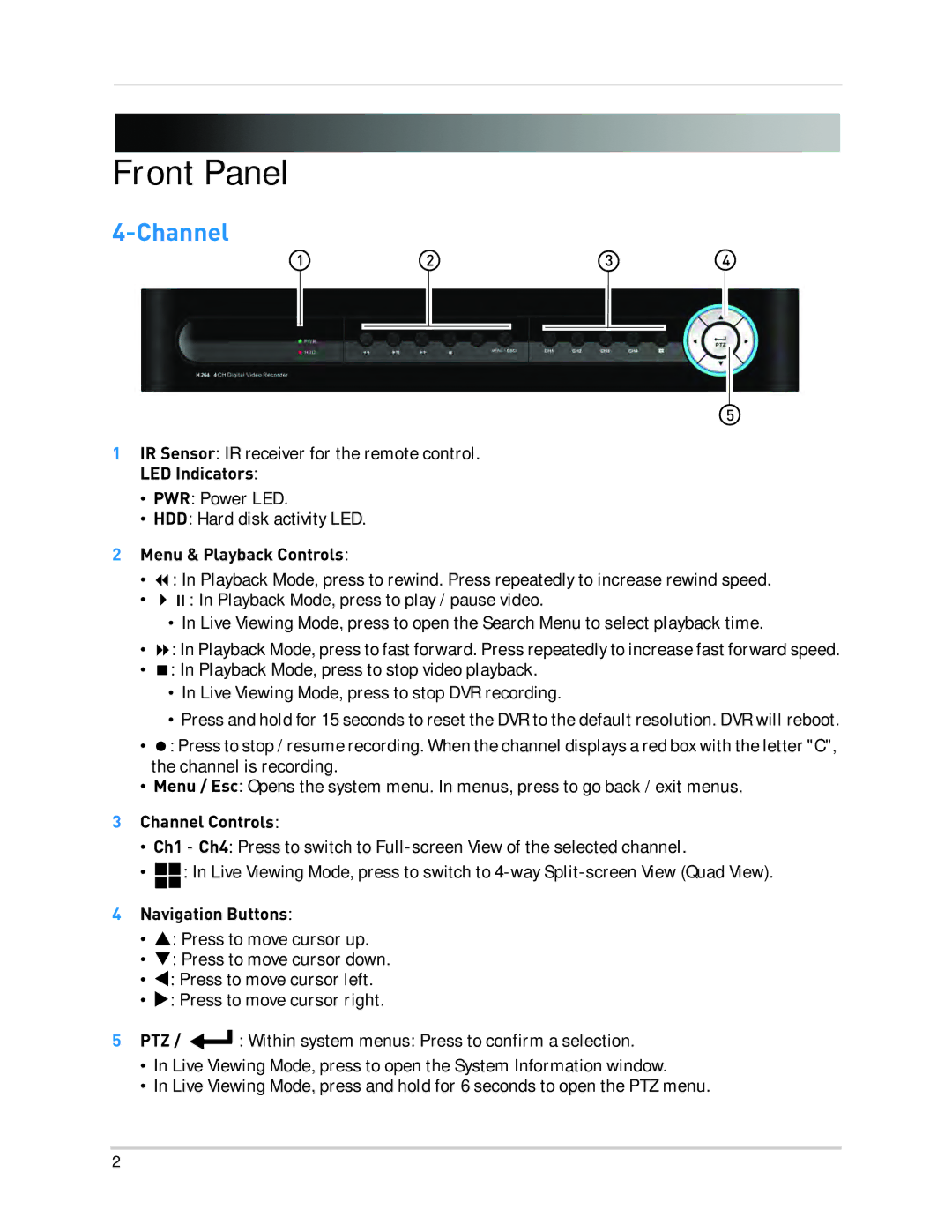 LOREX Technology LH1361001C8B, LH130 Front Panel, Menu & Playback Controls, Channel Controls, Navigation Buttons 