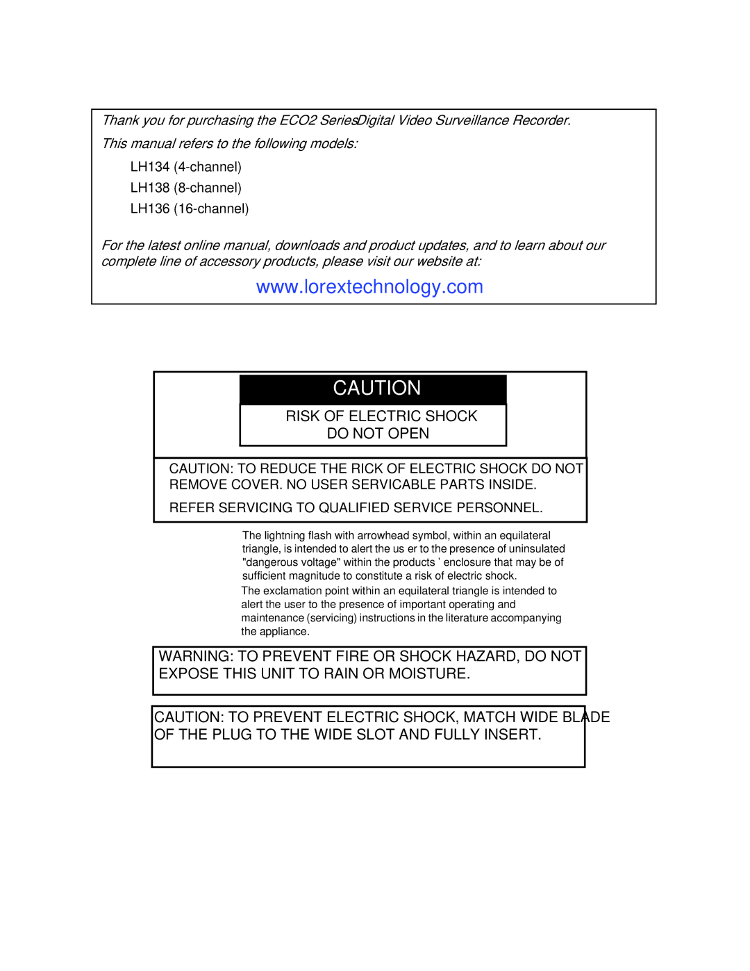 LOREX Technology LH1361001C8B, LH130 instruction manual Risk of Electric Shock Do not Open 