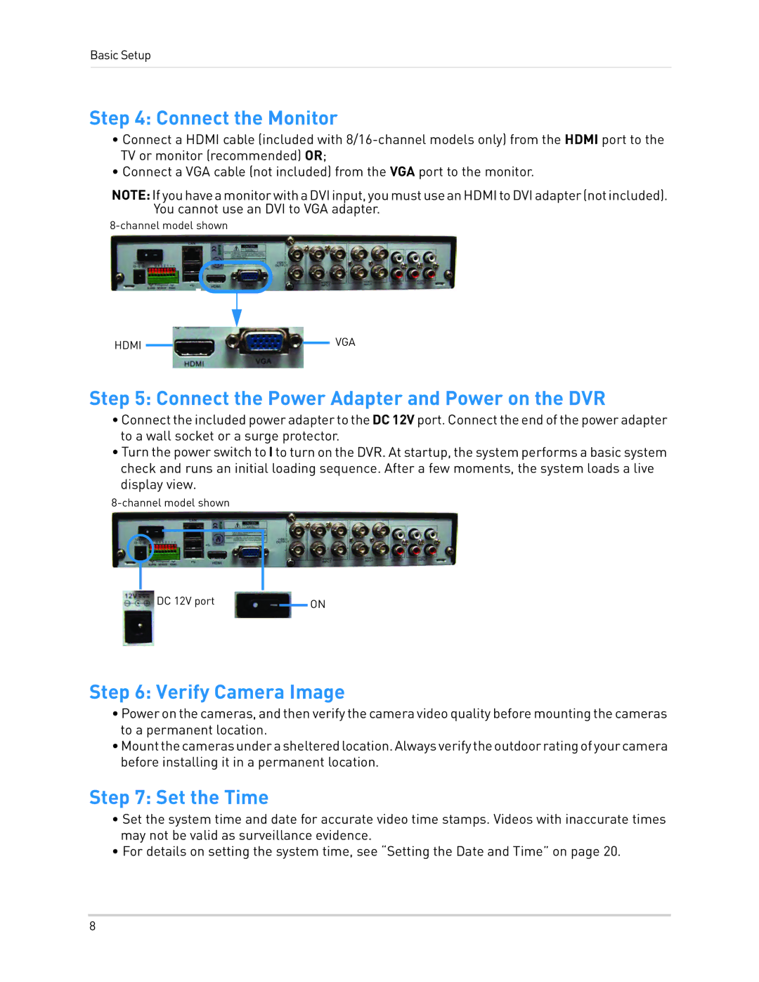 LOREX Technology LH1361001C8B Connect the Monitor, Connect the Power Adapter and Power on the DVR, Verify Camera Image 