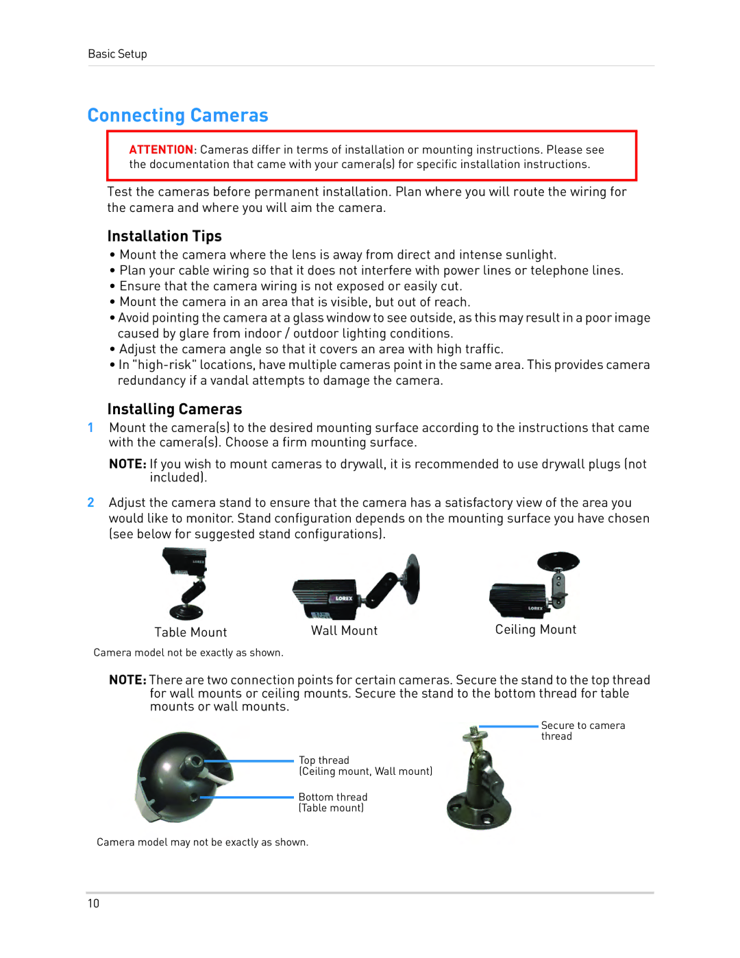 LOREX Technology LH1361001C8B, LH130 instruction manual Connecting Cameras, Installation Tips, Installing Cameras 