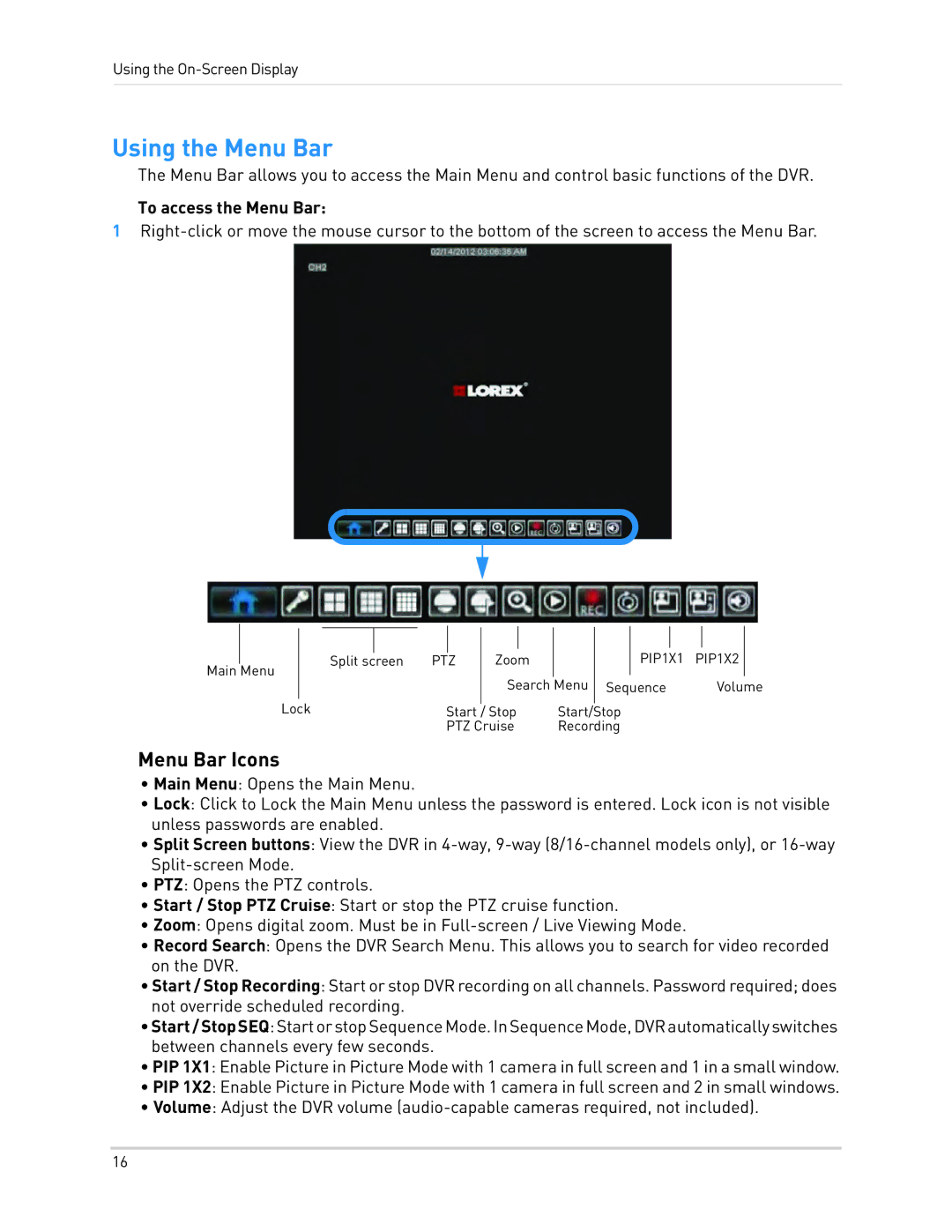 LOREX Technology LH1361001C8B, LH130 instruction manual Using the Menu Bar, Menu Bar Icons, To access the Menu Bar 