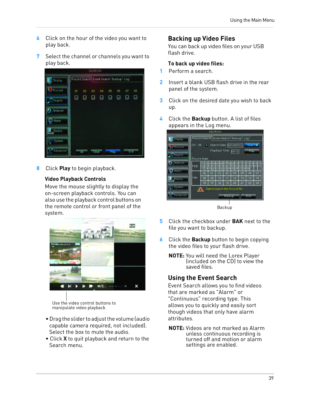 LOREX Technology LH130 Backing up Video Files, Using the Event Search, Video Playback Controls, To back up video files 