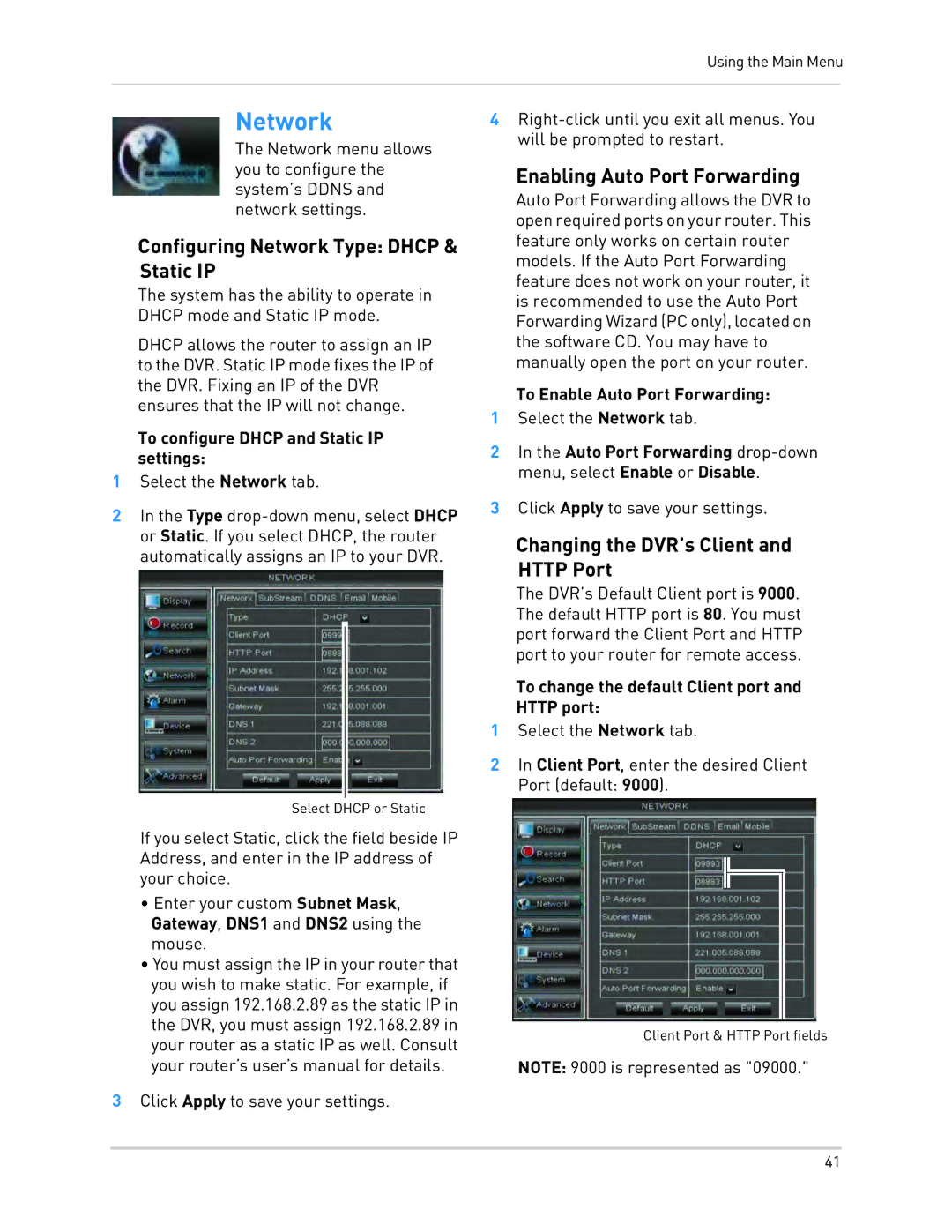 LOREX Technology LH130, LH1361001C8B Configuring Network Type Dhcp & Static IP, Enabling Auto Port Forwarding 