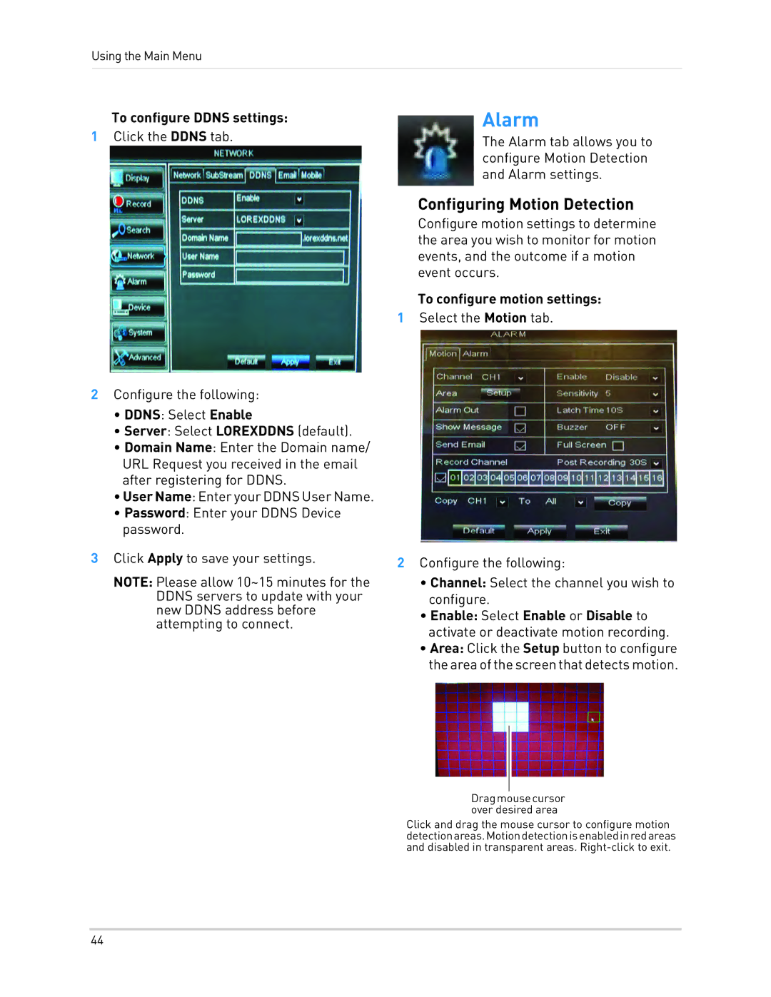 LOREX Technology LH1361001C8B, LH130 Alarm, Configuring Motion Detection, To configure Ddns settings, Ddns Select Enable 