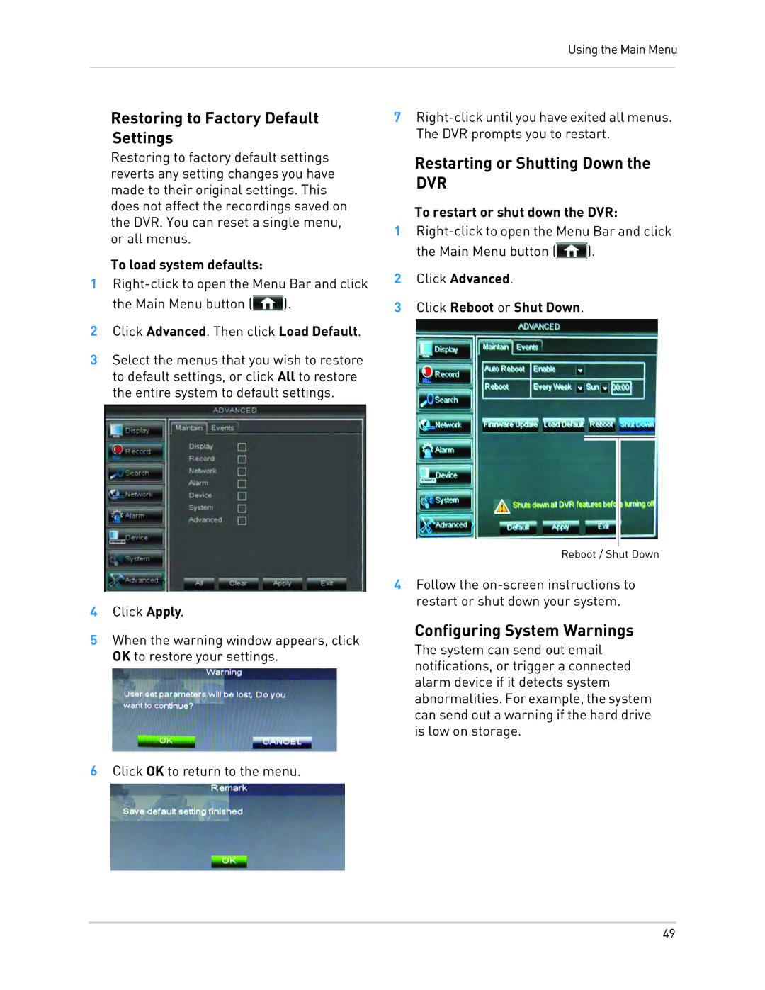 LOREX Technology LH130 Restoring to Factory Default Settings, Restarting or Shutting Down, Configuring System Warnings 