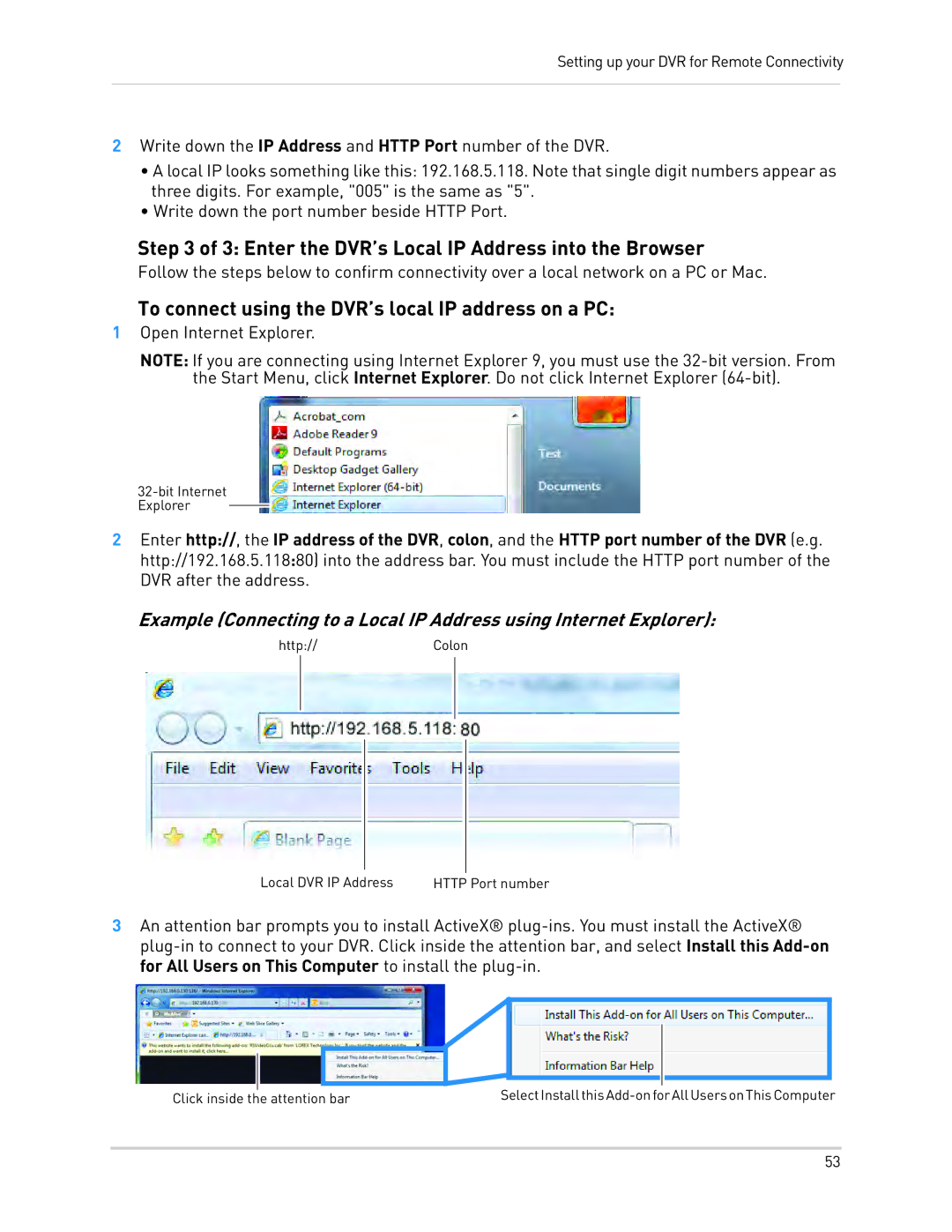 LOREX Technology LH130, LH1361001C8B instruction manual Enter the DVR’s Local IP Address into the Browser 