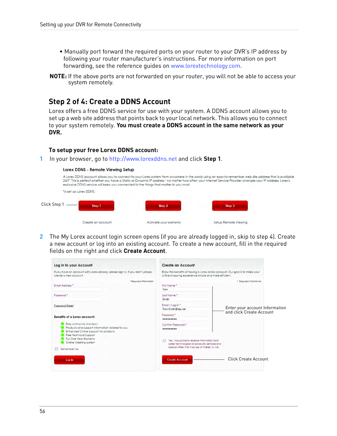 LOREX Technology LH1361001C8B, LH130 instruction manual Create a Ddns Account, To setup your free Lorex Ddns account 