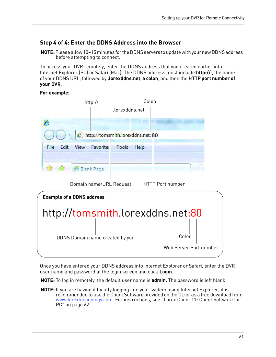 LOREX Technology LH130, LH1361001C8B Enter the Ddns Address into the Browser, For example, Example of a Ddns address 