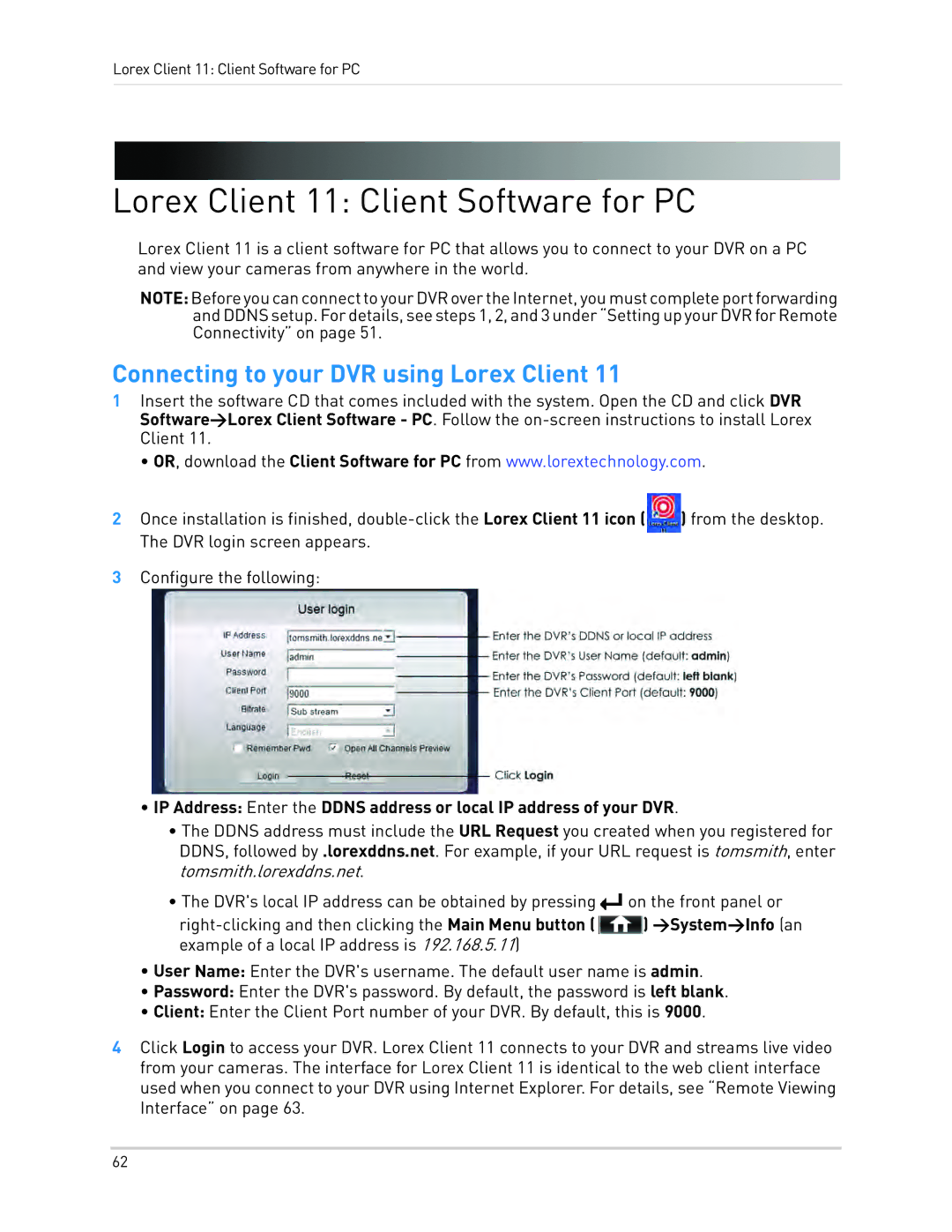 LOREX Technology LH1361001C8B, LH130 Lorex Client 11 Client Software for PC, Connecting to your DVR using Lorex Client 