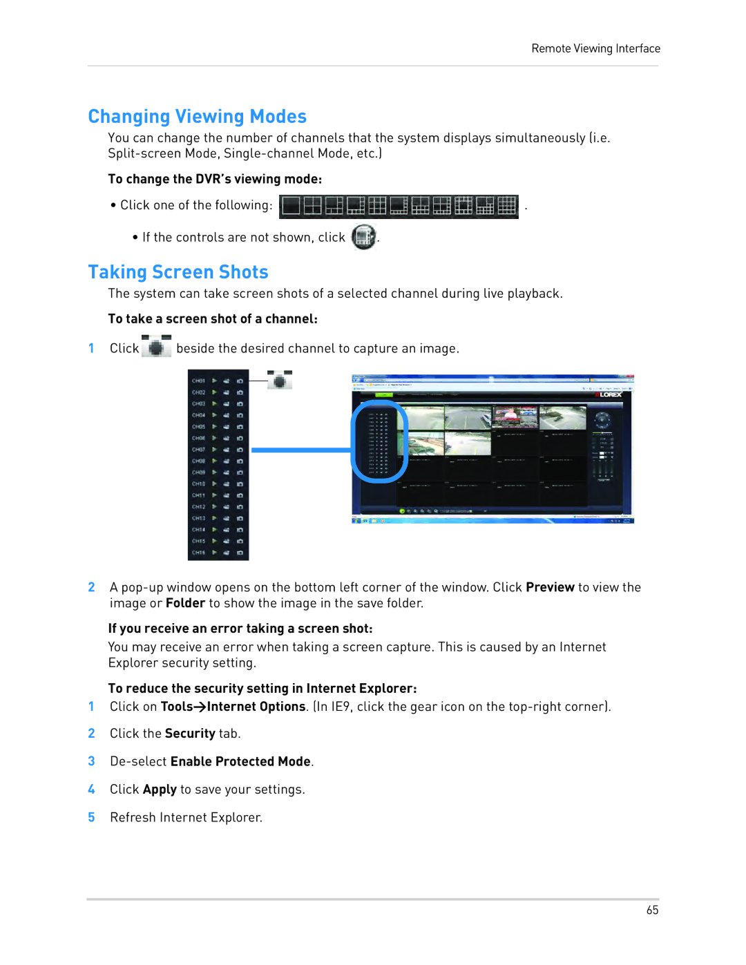 LOREX Technology LH130, LH1361001C8B instruction manual Changing Viewing Modes, Taking Screen Shots 