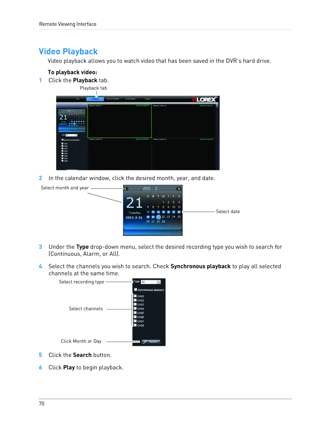 LOREX Technology LH1361001C8B, LH130 instruction manual Video Playback, To playback video 