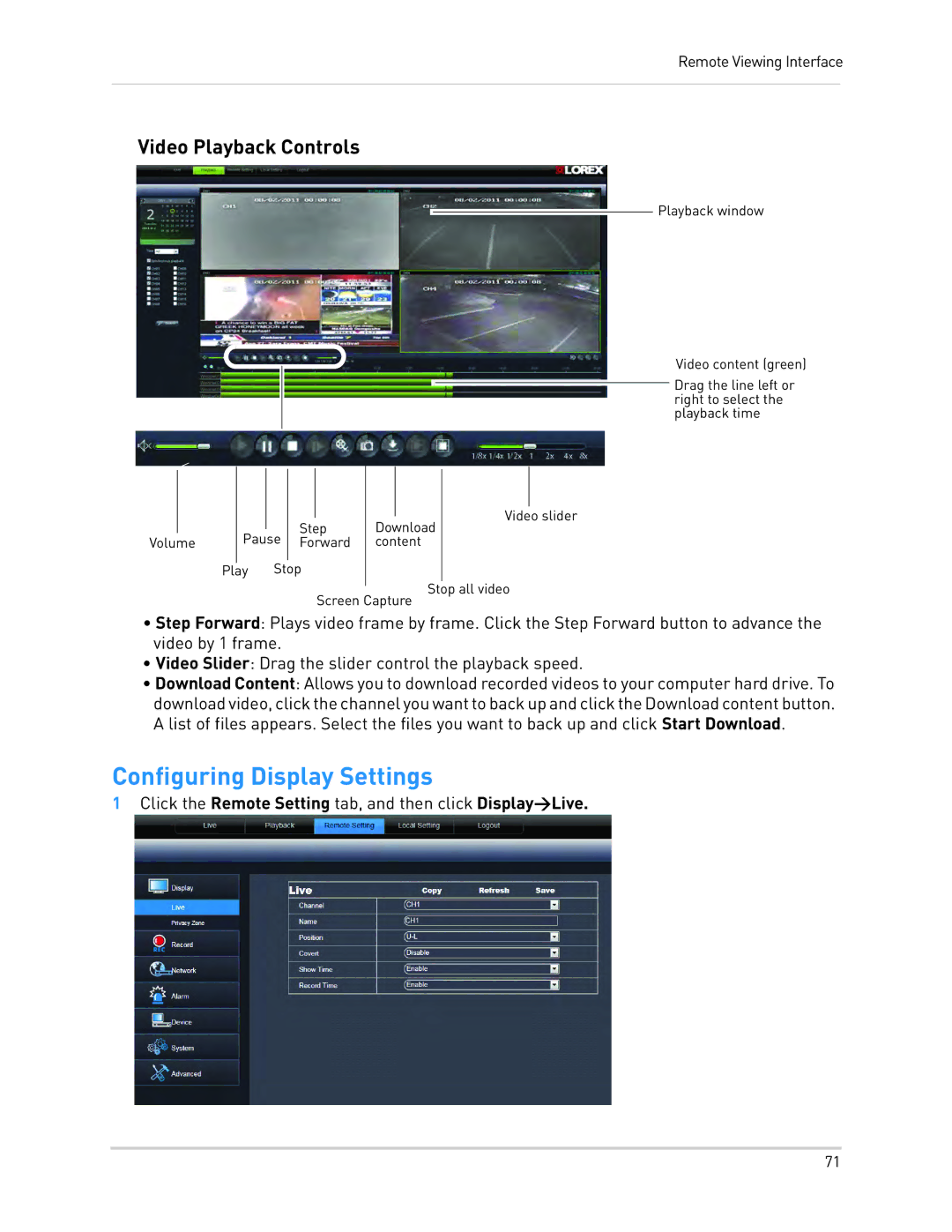 LOREX Technology LH130, LH1361001C8B instruction manual Configuring Display Settings, Video Playback Controls 