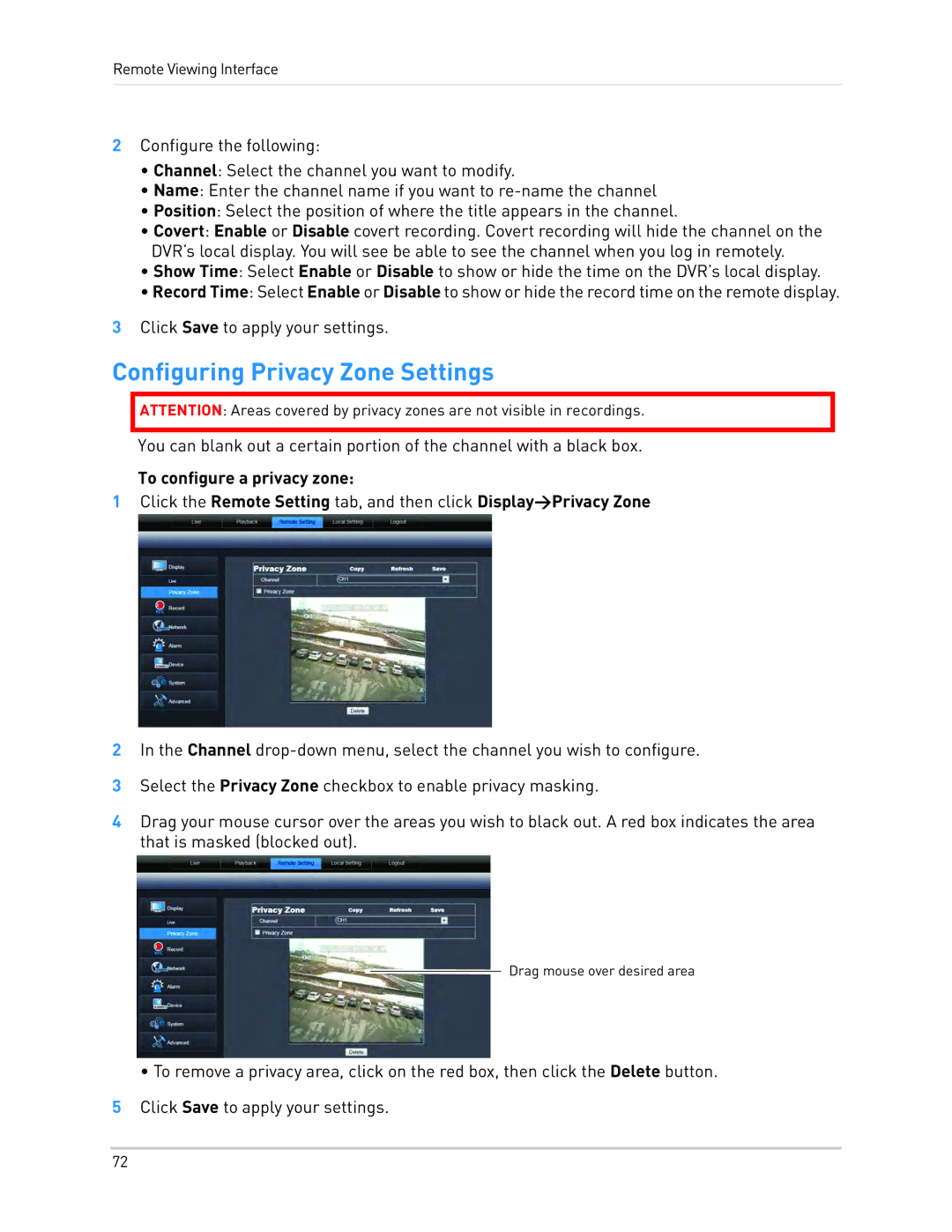 LOREX Technology LH1361001C8B, LH130 instruction manual Configuring Privacy Zone Settings 