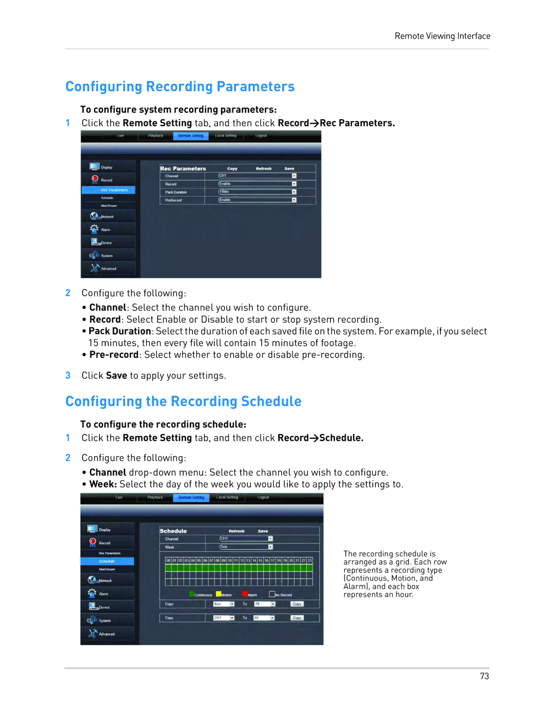 LOREX Technology LH130, LH1361001C8B instruction manual Configuring Recording Parameters, Configuring the Recording Schedule 