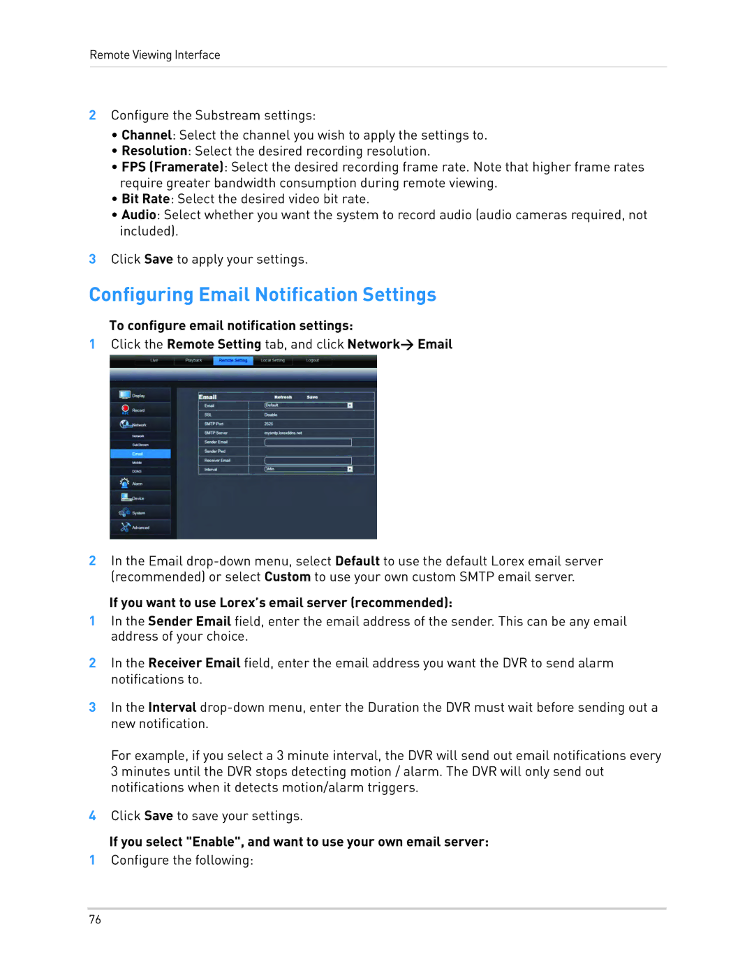 LOREX Technology LH1361001C8B Configuring Email Notification Settings, If you want to use Lorex’s email server recommended 