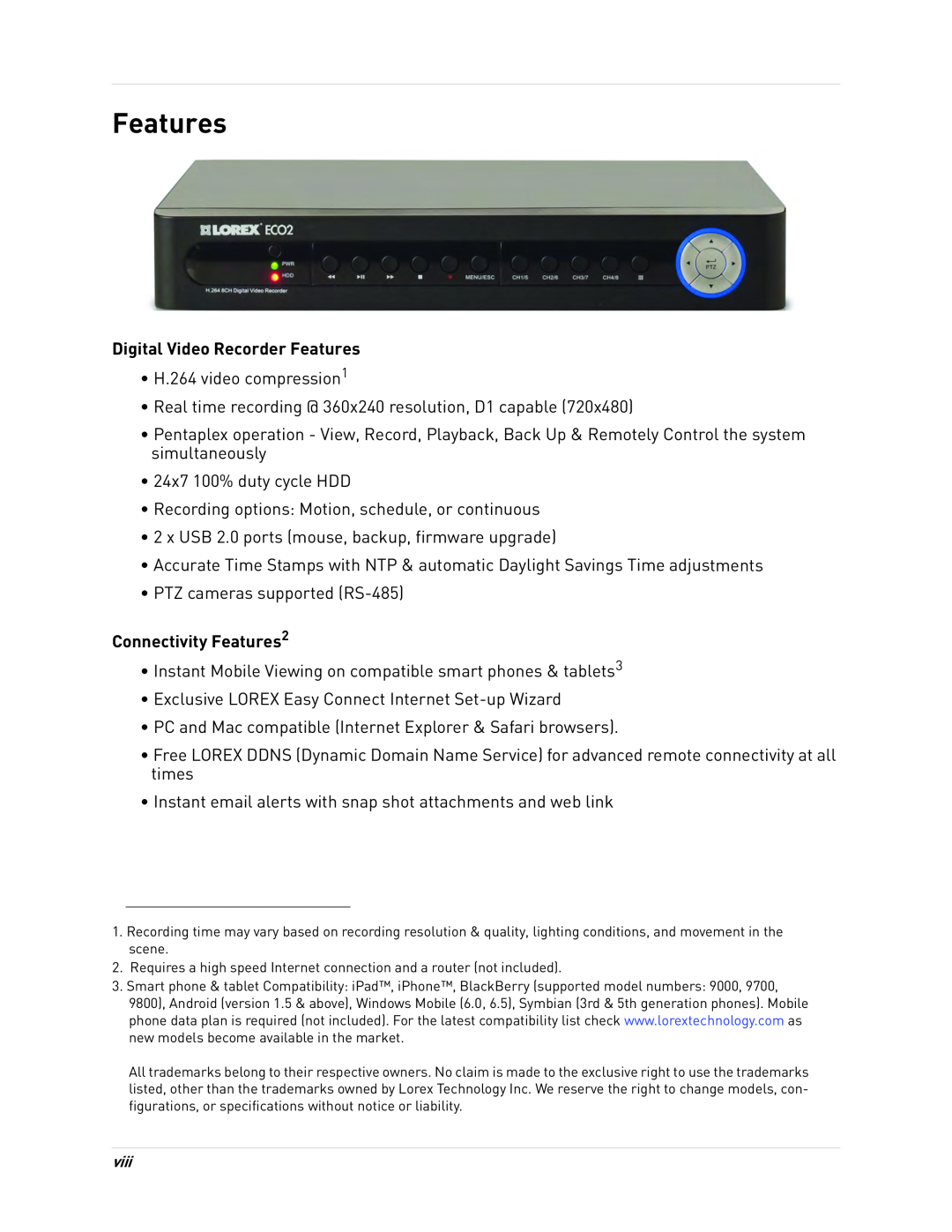 LOREX Technology LH1361001C8B, LH130 instruction manual Digital Video Recorder Features, Connectivity Features2 