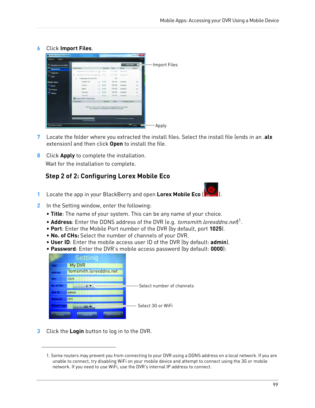LOREX Technology LH130, LH1361001C8B instruction manual of 2: Configuring Lorex Mobile Eco, 6Click Import Files 