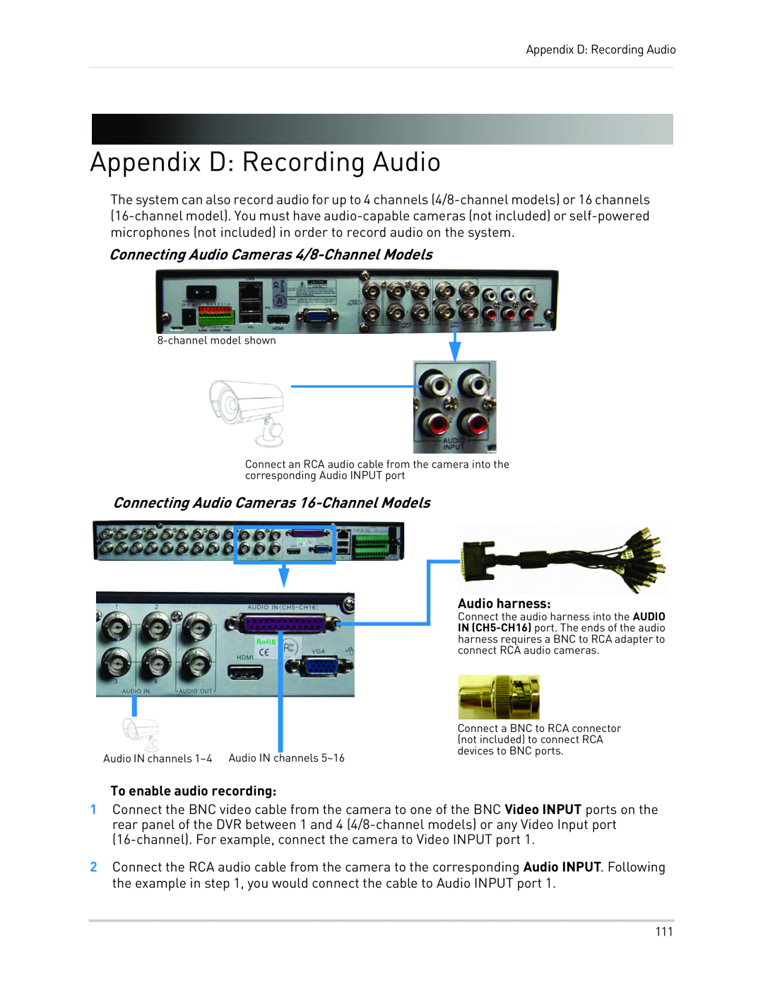 LOREX Technology LH130 Appendix D: Recording Audio, Connecting Audio Cameras 4/8-ChannelModels, To enable audio recording 