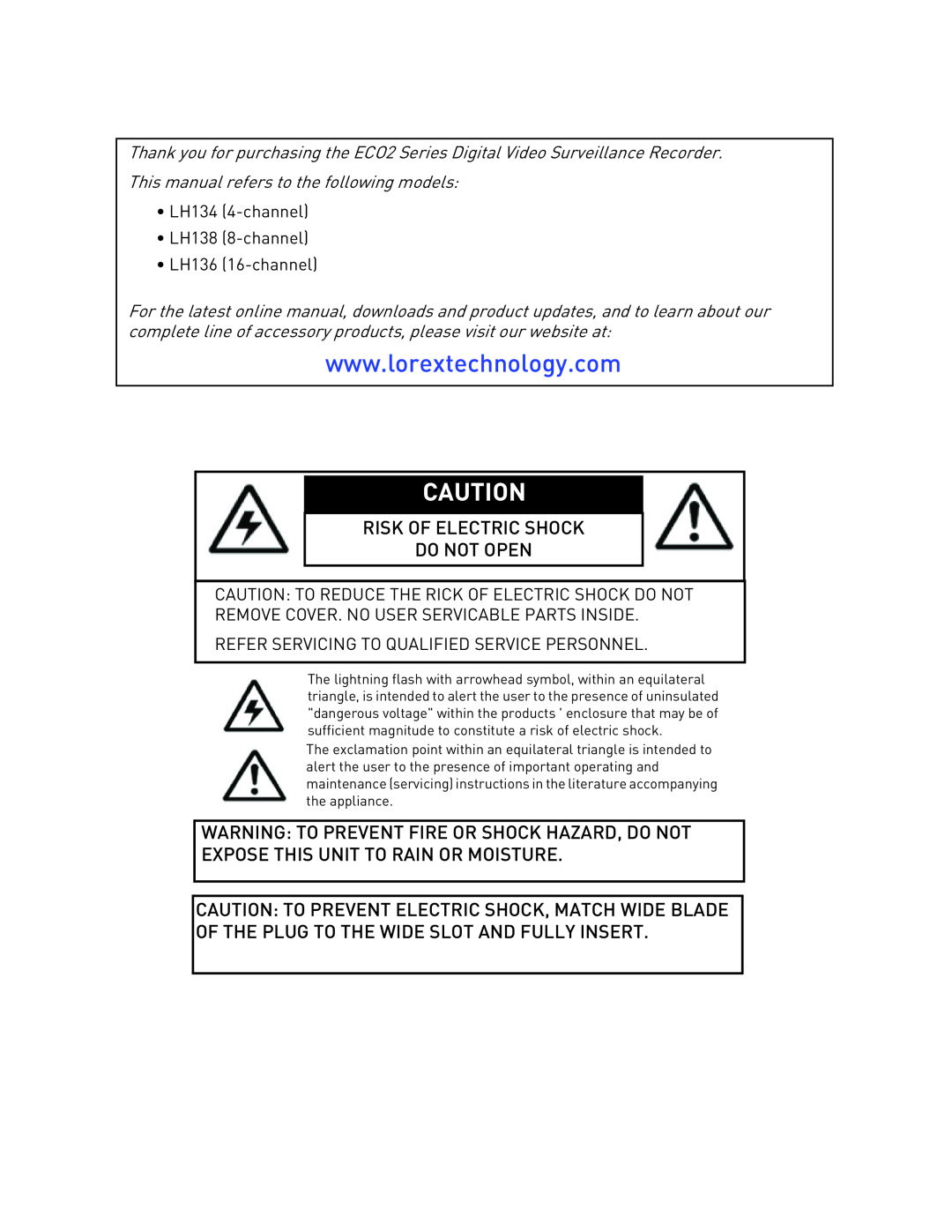 LOREX Technology LH1361001C8B, LH130 instruction manual Risk Of Electric Shock Do Not Open 